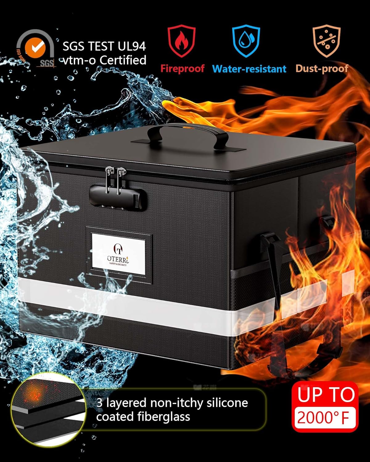 Oterri Large 2 Pack Fireproof Document Box With Lock, Portable File Safe Box Fireproof Waterproof For Hanging Letter&Legal Folders, Office Storage for Important Documents (Black)
