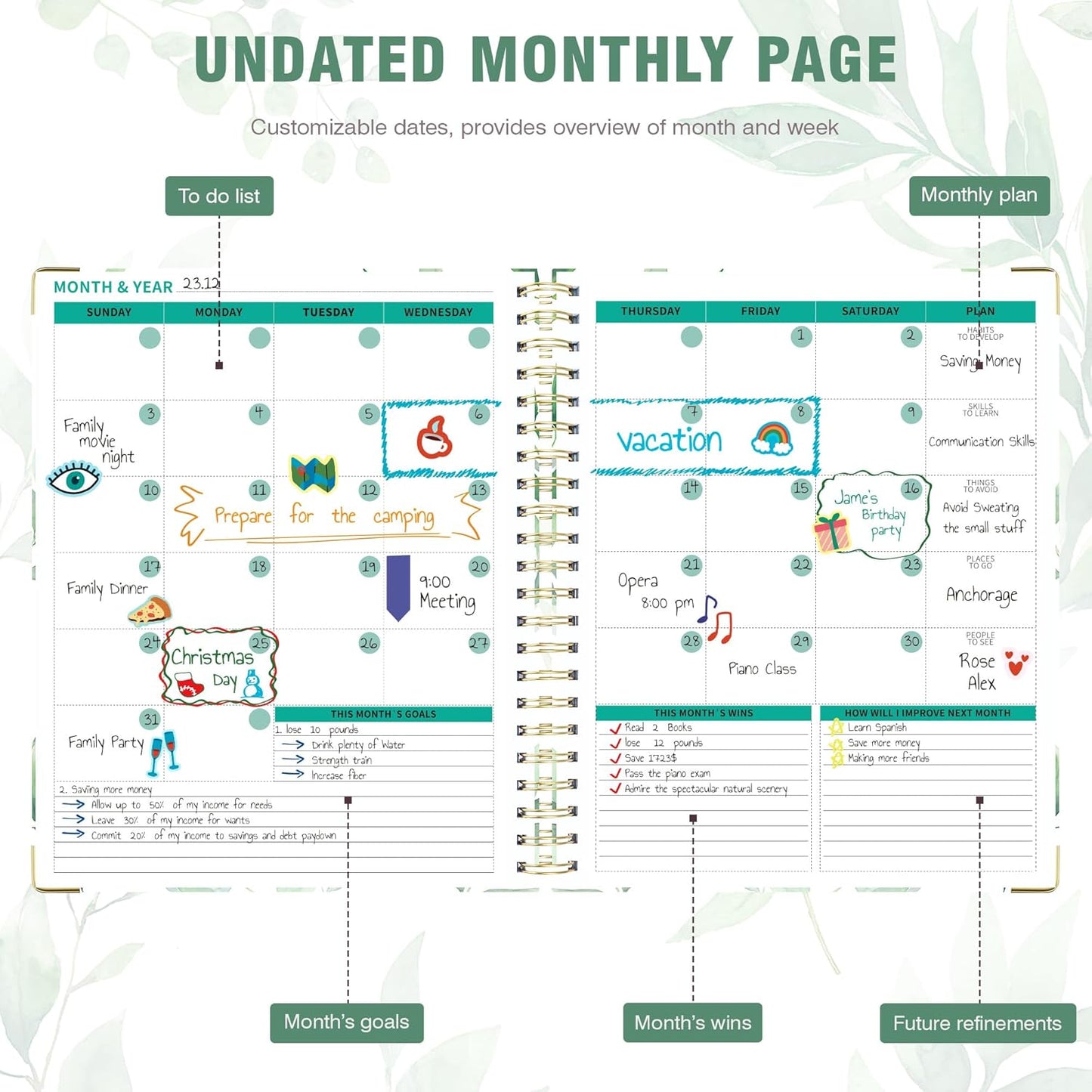 Ospelelf Undated Spiral Bound Planner Daily, Weekly and Monthly Planner 2025-2026, Work Planners 12 Month 8.5 x 11