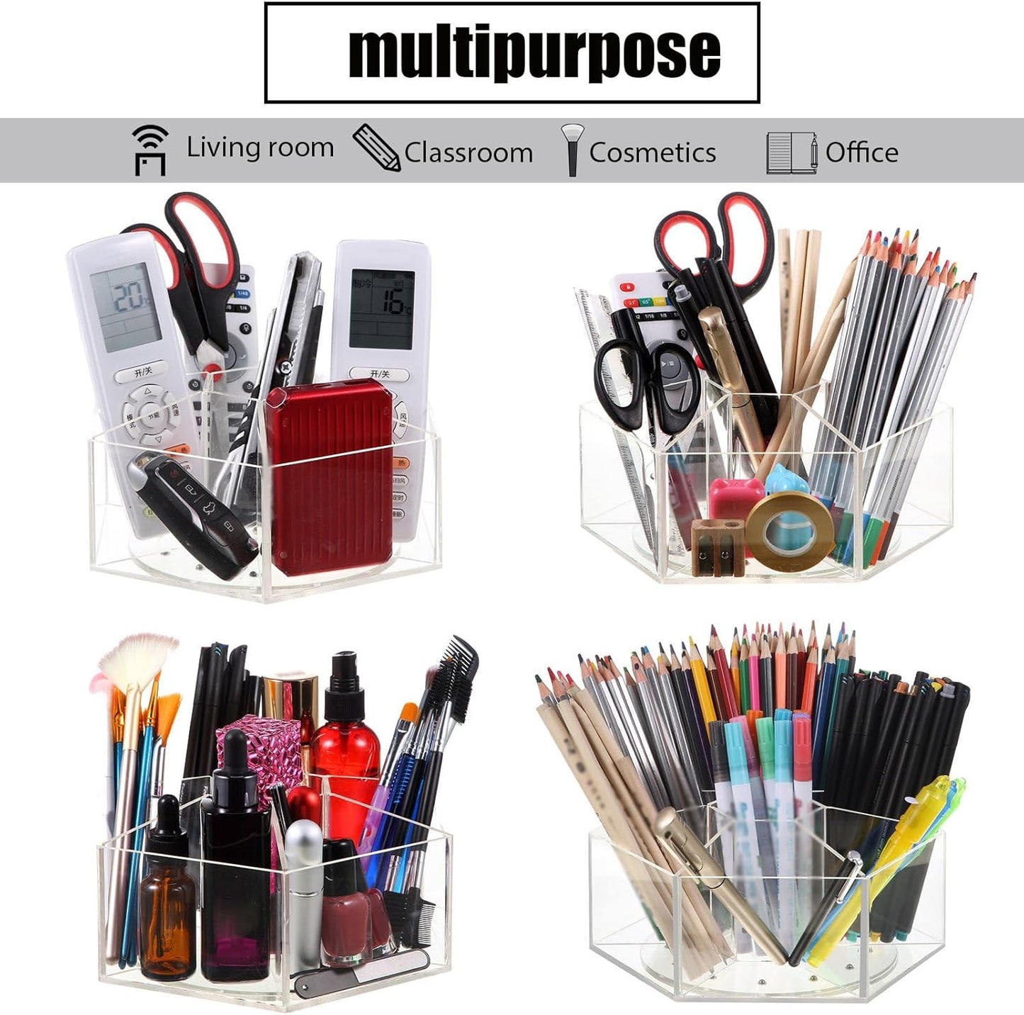 Zonon Acrylic Pen Holder Pencil Organizer 360 Degree Rotating Art Pencil Holder Organizer with 7 Compartments Acrylic Hexagon Pen Cup for Home Office Supplies(Clear)