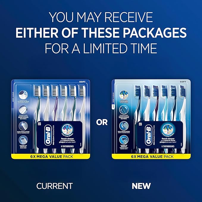 Oral-B Pro Health CrossAction Plaque Removal toothbrushes, 6 Count Toothbrush Soft, Deep Reach in Tight Spaces, Tongue Scraper Tooth Brush, Plaque Fighter, Gentle on Teeth, Gum stimulators