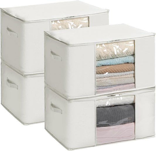 TYEERS Large Storage Bags with Zipper and Clear Window, Cotton Blended Fabric Storage Containers for Seasonal Clothes and Bedding, 23.6x15.7x13.8 Inches, 4-Pack, Beige