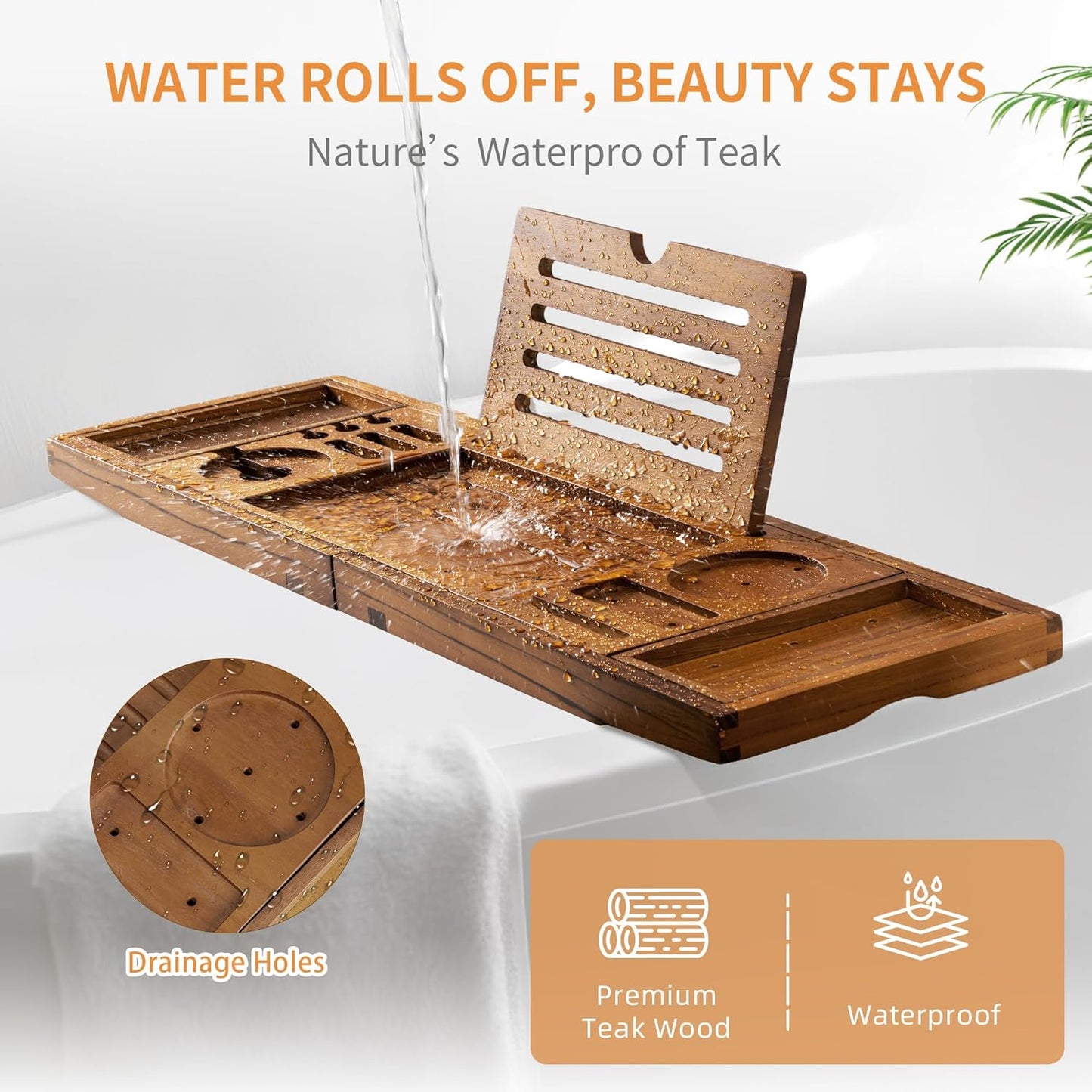 Luxury Teak Bathtub Tray - Foldable Bath Caddy with Expandable Handles, Wine Glass & Phone Holder, Book Stand - Enhance Home Spa Experience with Natural Material - Relaxing & Reading, Teak