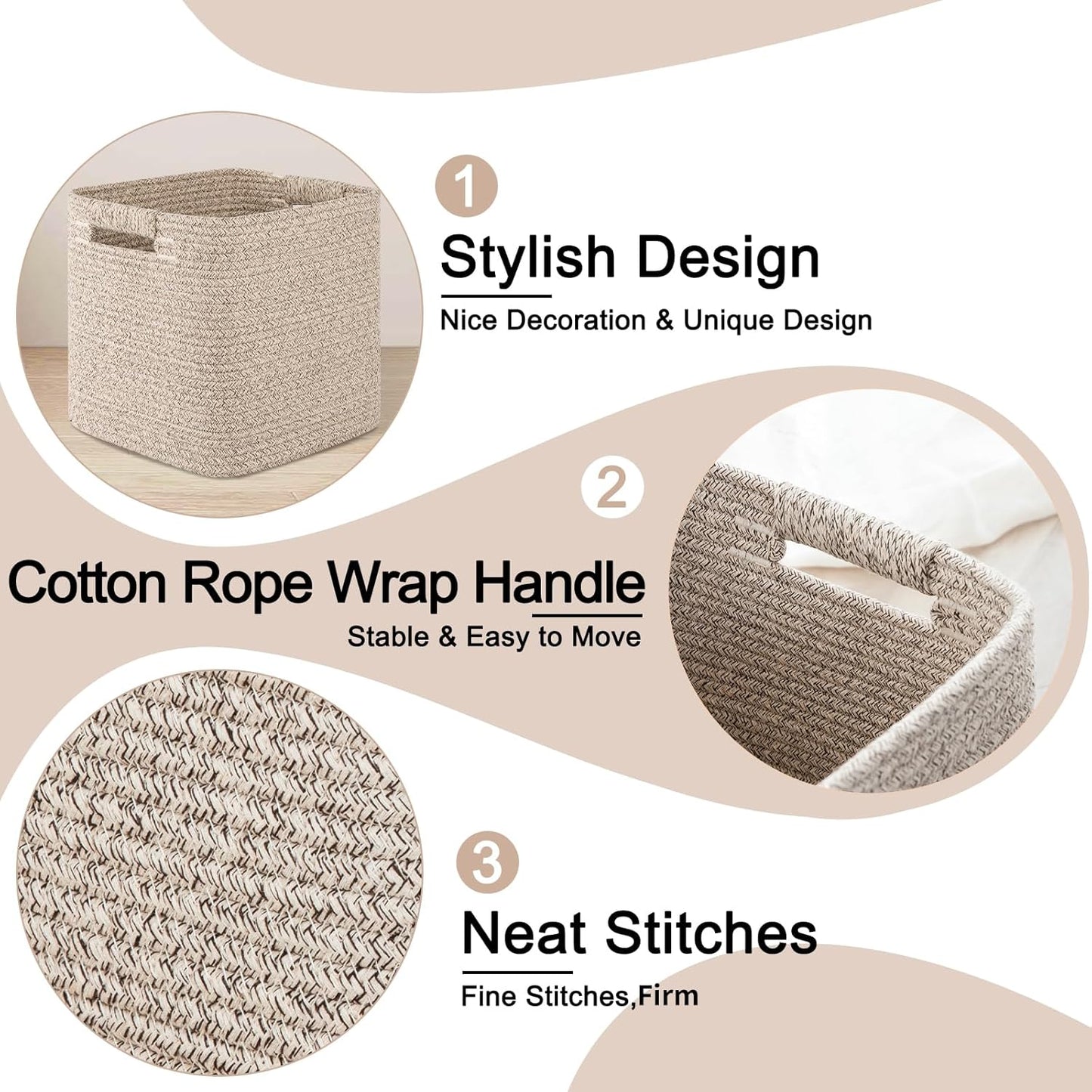OIAHOMY Storage Cubes 11 Inch Storage Bins-3-Pack, Cotton Rope Woven Baskets for Organizing, Square Storage Baskets for Shelves Organizer, Classroom, Kids Toy Bins, Closet, Baby Nursery-Brown
