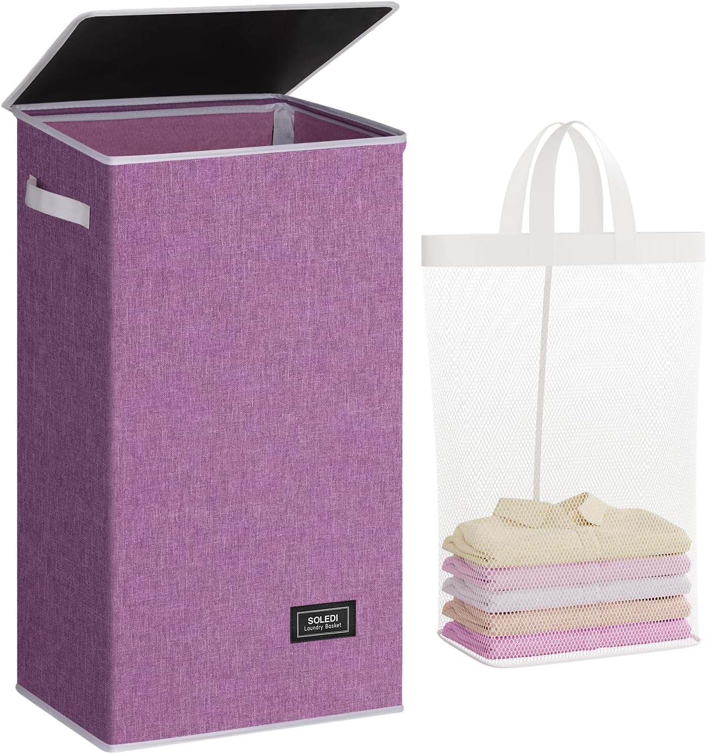 SOLEDI Laundry Hamper with Lid 100L Large & Tall Collapsible Laundry Basket, Clothes Hamper with Bag Removable Easy to Carry, Dirty Hampers for Bedroom, Bathroom, Dorm, College, Purple