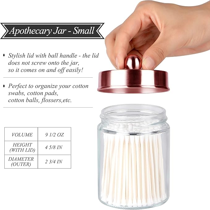 Apothecary Jars 3 Pack - Glass Bathroom Containers with Stainless Steel Lids - Rustic Farmhouse Decor Bathroom Accessories, Vanity Organizer Apothecary Jars for Qtip/Cotton Balls (Rose Gold)