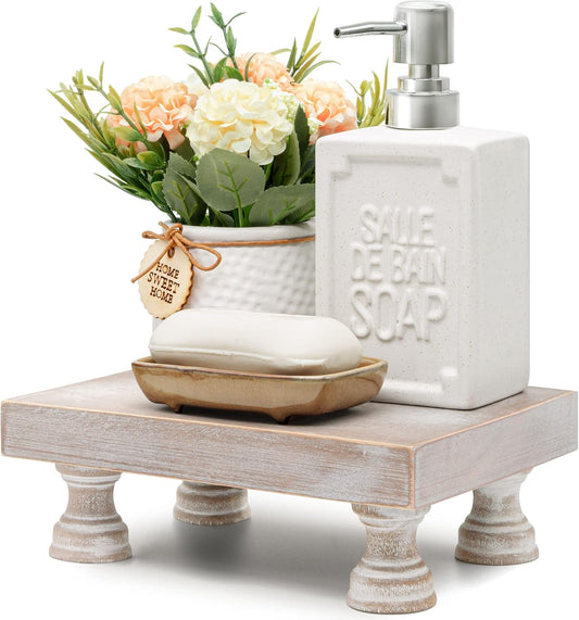 EOSAHR Farmhouse Riser for Room Decor : Decorative Pedestal Stand For Display Your Home Decorations and Uniquely Soap Stand - Rustic Bathroom Counter Tray and Kitchen Decor (Natural Wood)