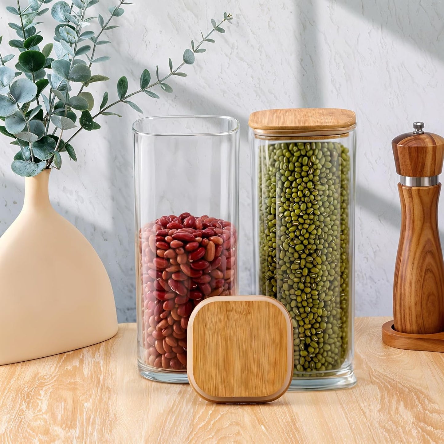 2 Pack Glass Flour and Sugar Containers Jars with Bamboo Airtight Lid Large 1750ml Glass Food Storage Containers for Spaghetti Pasta, Cereal, Candy, Cookies, Coffee, Oat