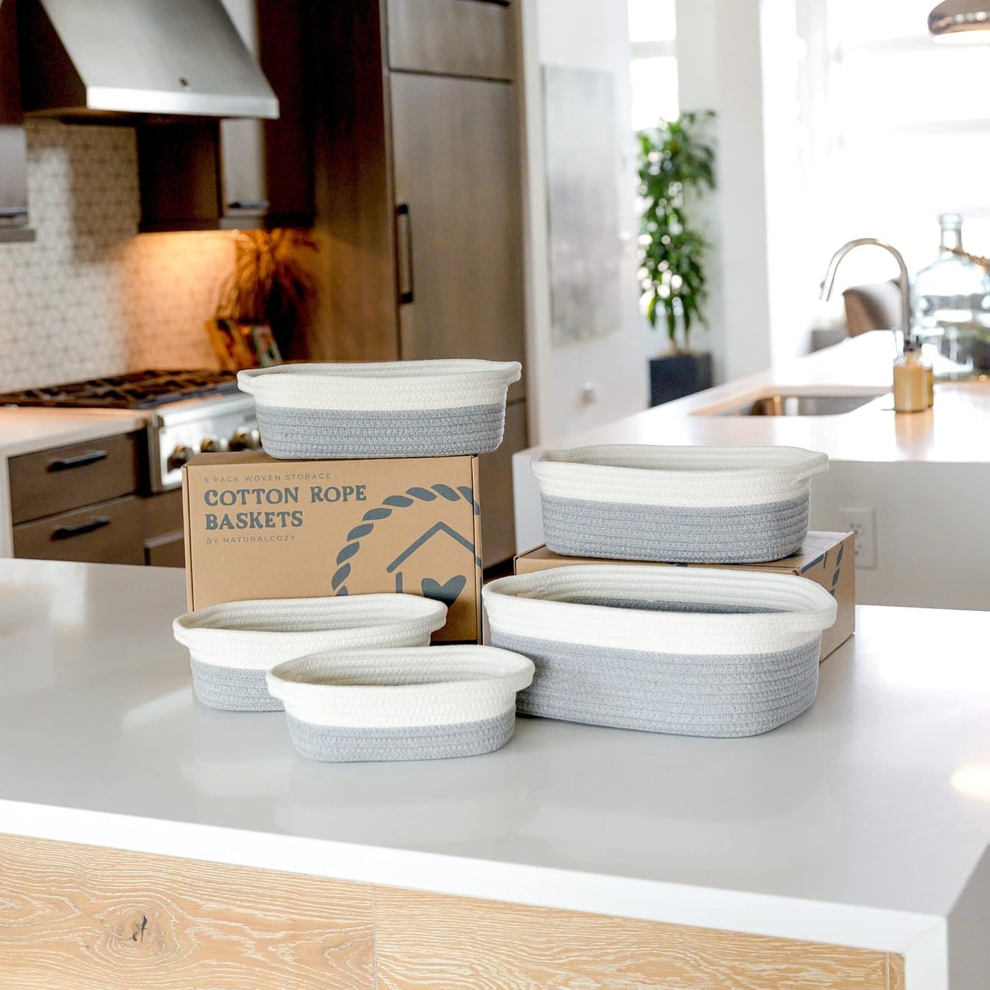 NaturalCozy 5-Piece Rectangle Storage Basket Set- Natural Cotton Rope Woven Baskets for Organizing! Small Basket for Montessori, Baby Nursery, Dog Toy Baskets, Cat Toy Box, Bathroom Organization Bin