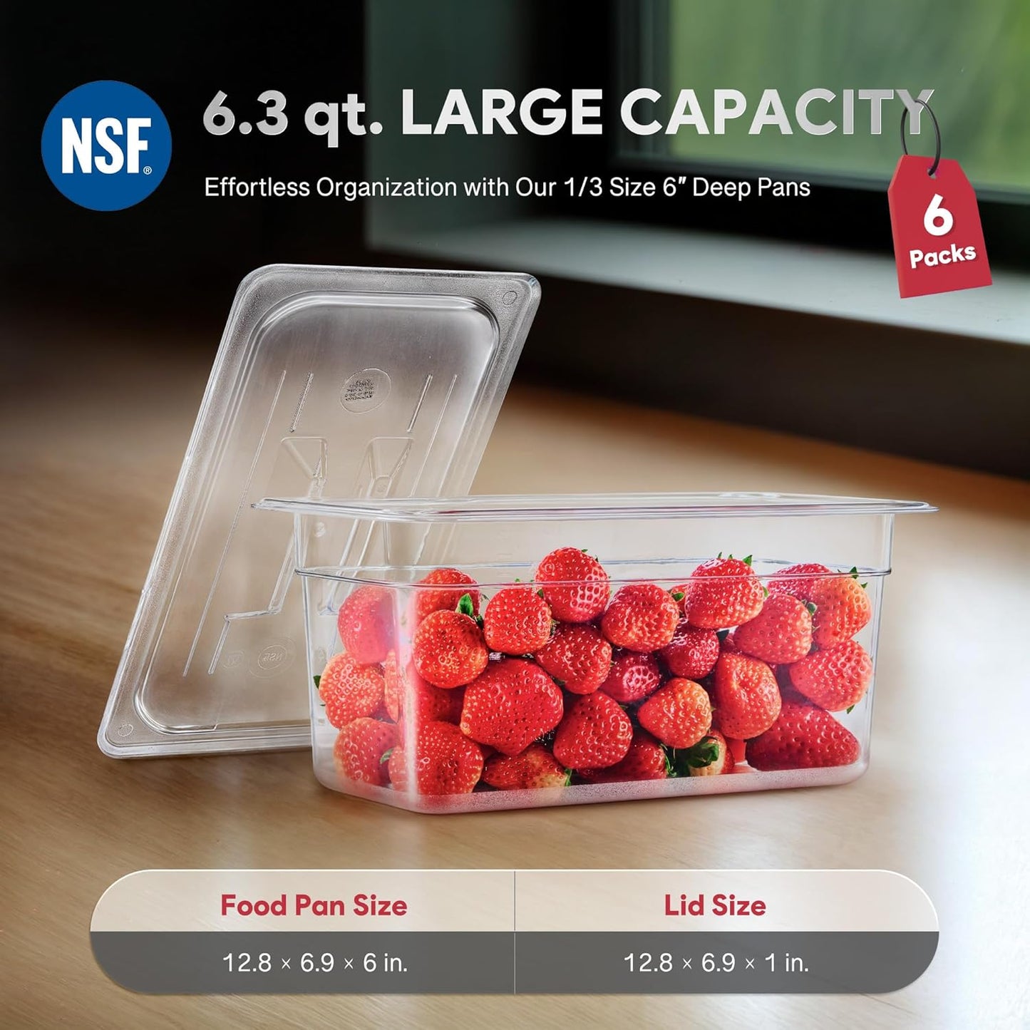 WILPREP 6 Pack Plastic Food Pans with Lids NSF Listed, 1/3 Size 6 in Deep Clear Food Storage Containers, 6.3 qt Stackable Polycarbonate Commercial Hotel for Fruits Vegetables Beans Corns