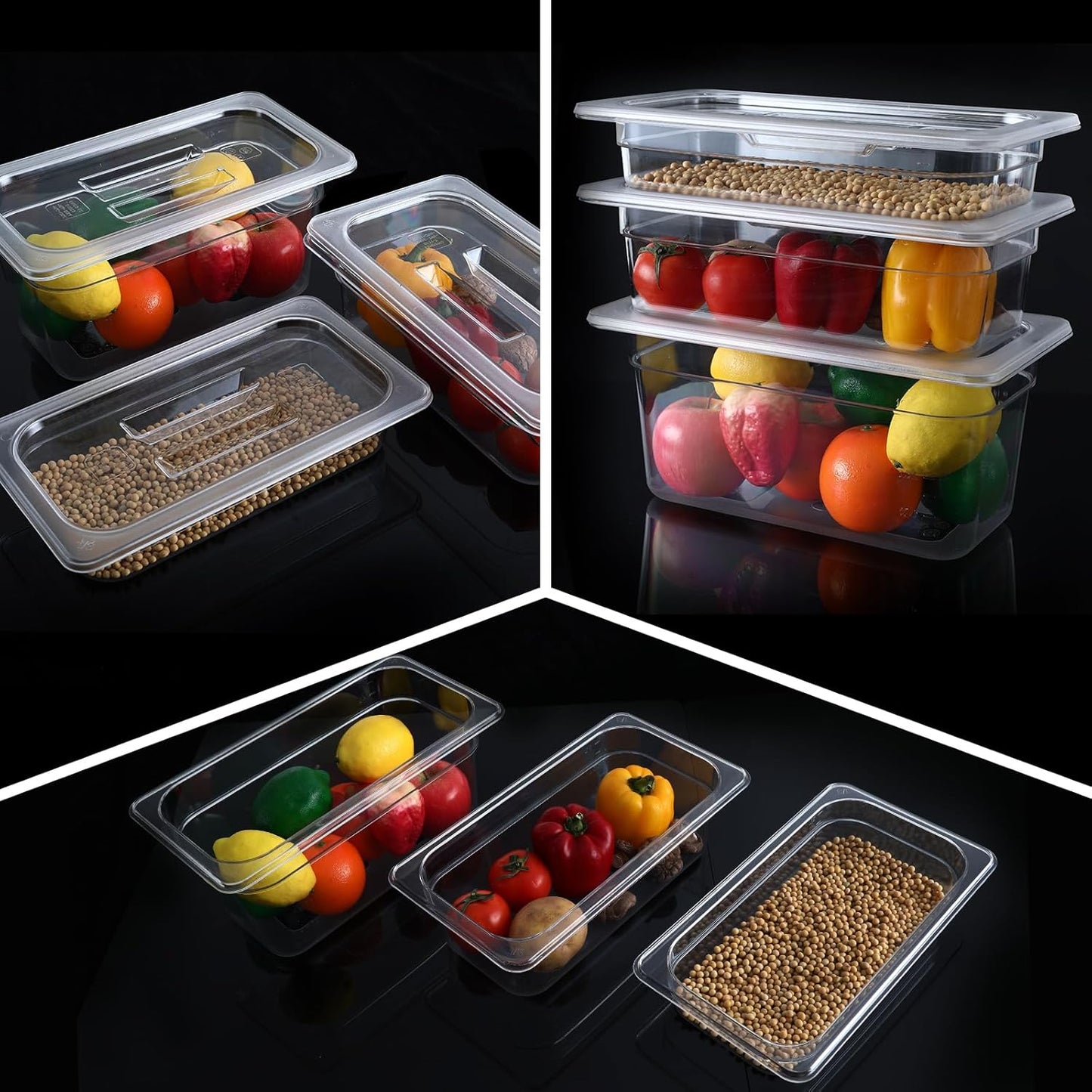 6 Pack 1/3 Size 4'' Deep Clear Food Pans with Lids, Commercial Food Pans Polycarbonate Transparent Food Storage Containers, Stackable Plastic Pan with Capacity Scale, Restaurant Supplies Hotel Pan