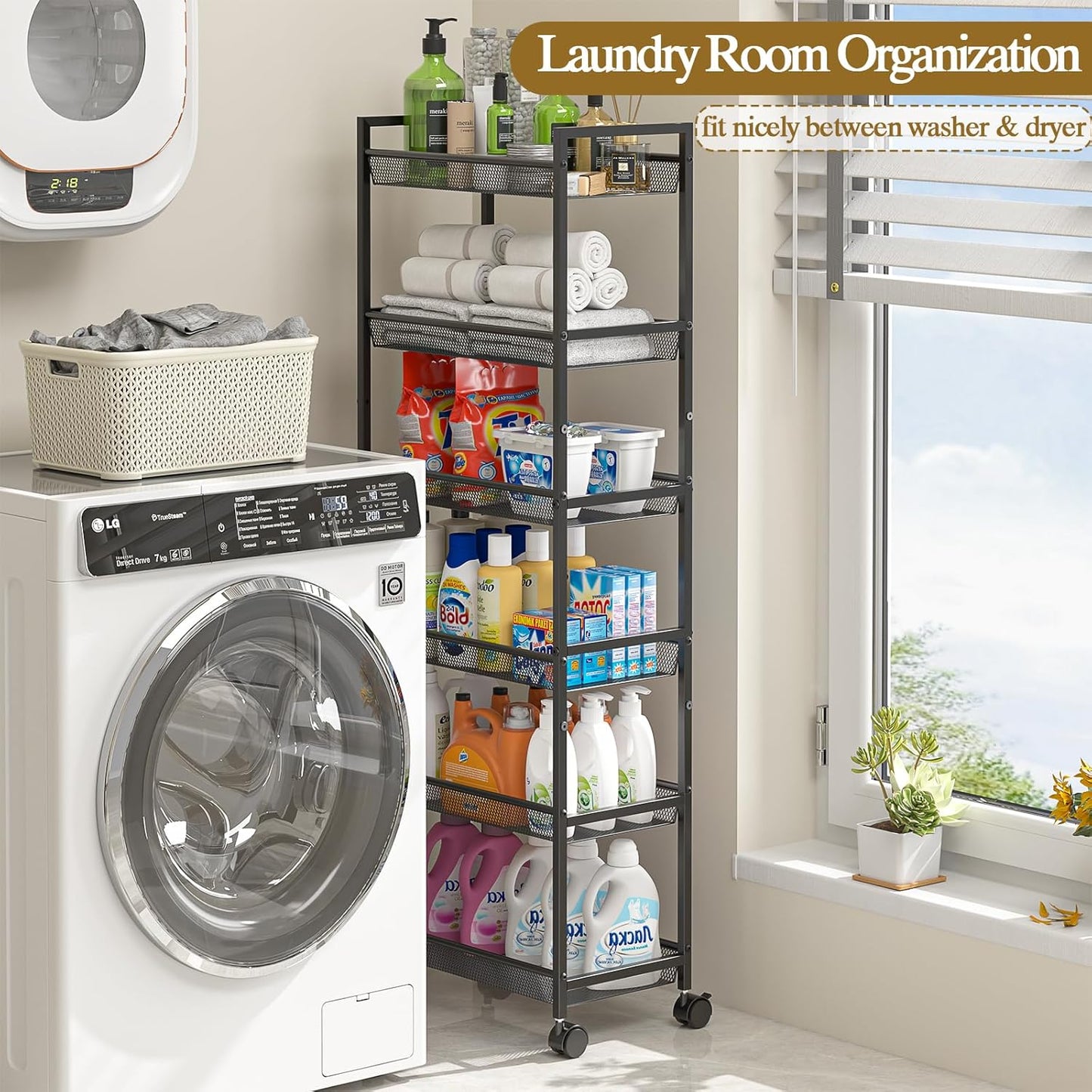 6 Tier Slim Rolling Storage Cart, Narrow Mobile Shelving Unit Organizer Utility Cart with Wheels, Metal Wire Storage Rack with Baskets for Kitchen, Bathroom, Laundry & Living Room, 10in(W)