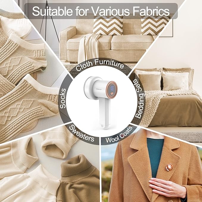 Fabric Shaver Fuzz Remover Rechargeable, HOMEASY Electric Lint Remover Shaver with 3 Blades & LED Digital Display, Sweater Couch Fabric Pill Shaver for Sweater, Couch, Furniture (White)