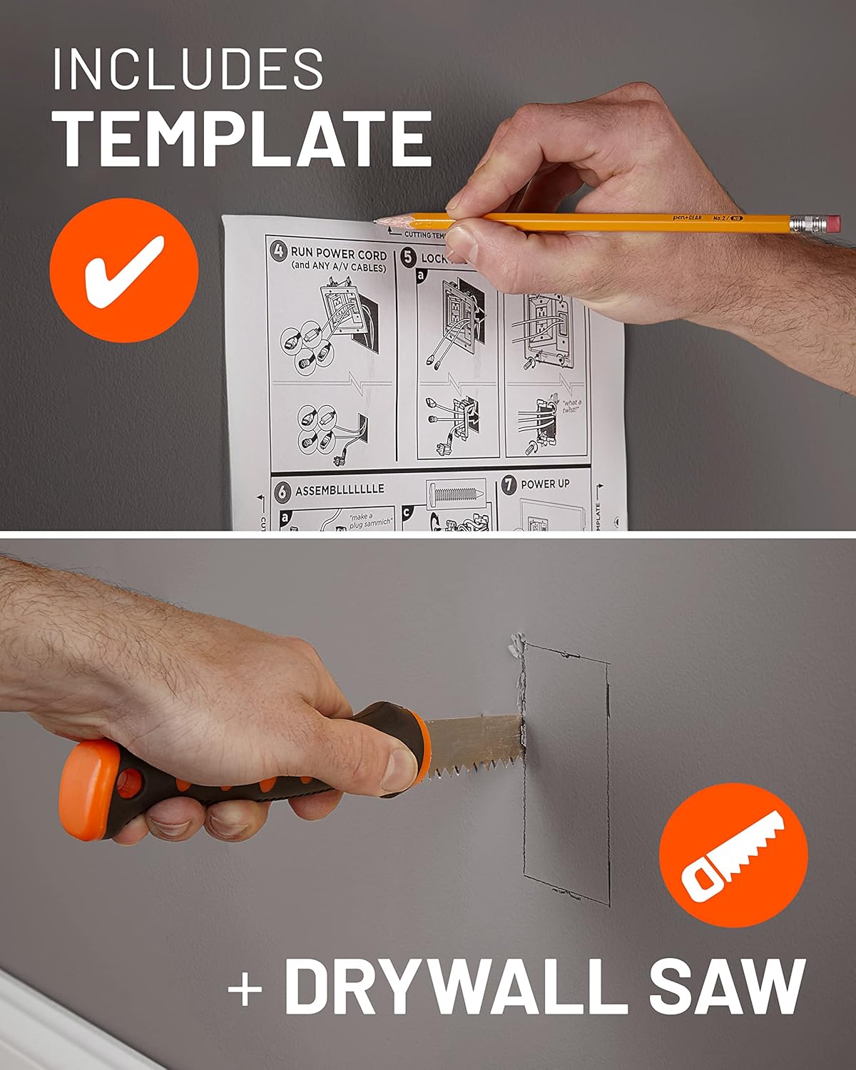 ECHOGEAR TV Cord Hider for Wall Mounted TV with 2X AC Outlets & 2X USB-A Ports - Hide Power Cables & Low Voltage Wires Behind The Wall - Includes Template, Saw, & Low Profile Extension Cord - Black