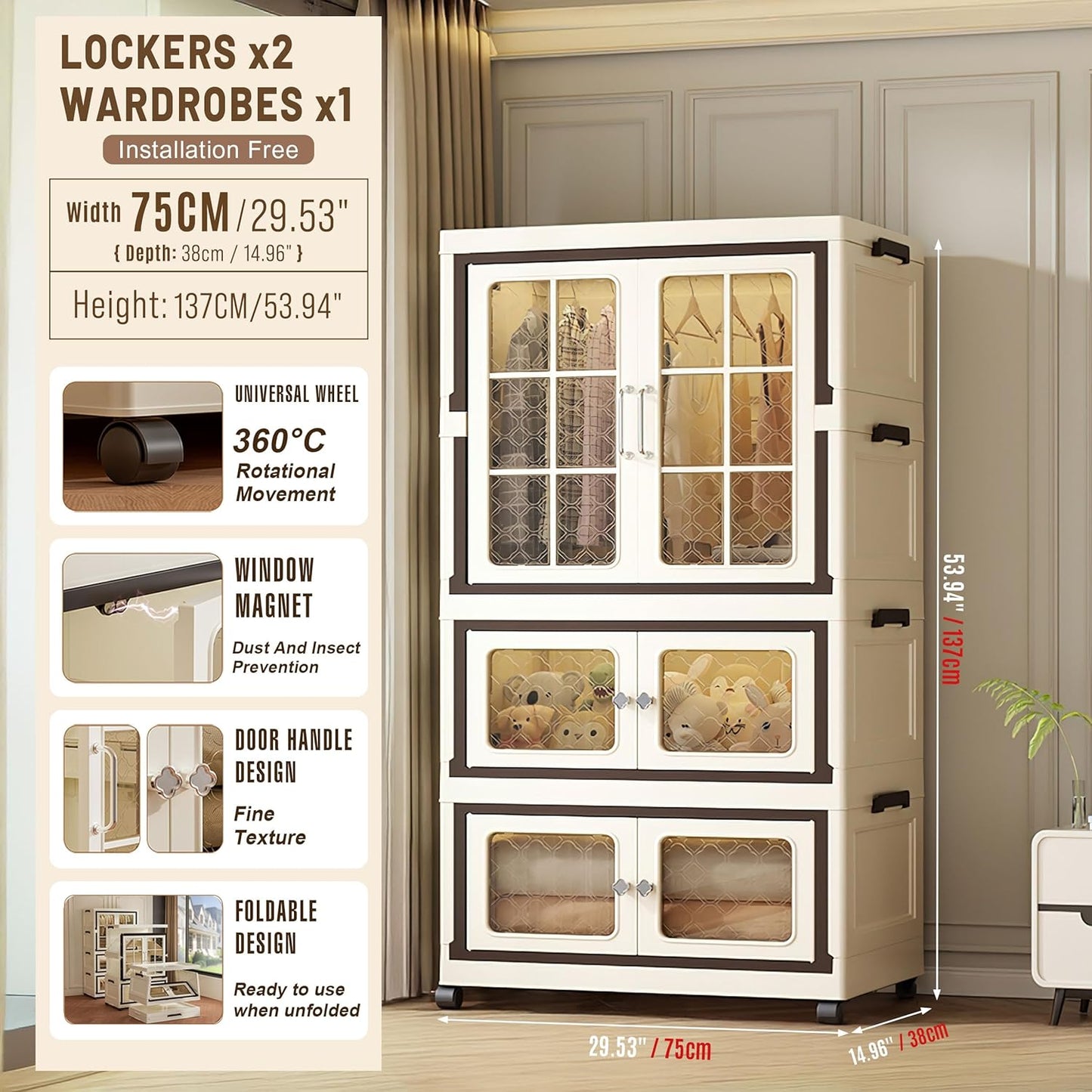 4 Tier Stackable Storage Bins with Lid, Plastic Collapsible Cabinet with Wheels, Large Closet Organizer, Foldable Storage Cabinets for Home and Office (2+1 Transparent Plus)