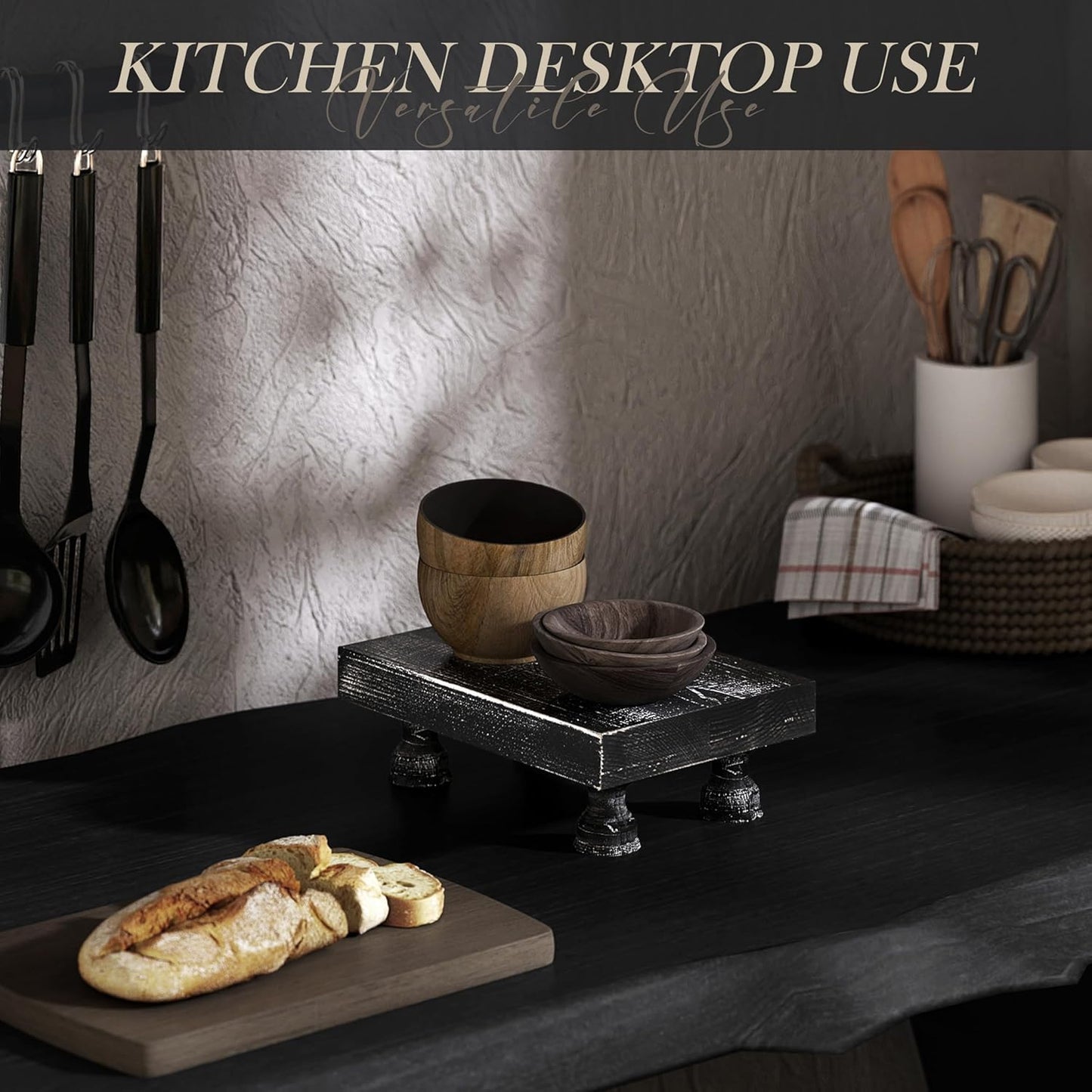 EOSAHR Stylish Pine Wood Risers for Decor for Kitchen Sink & Small Vanity - Risers Display Stands for Home Decor - Chic Sponge Holder & Bathroom Organizer (Black, 8.5")