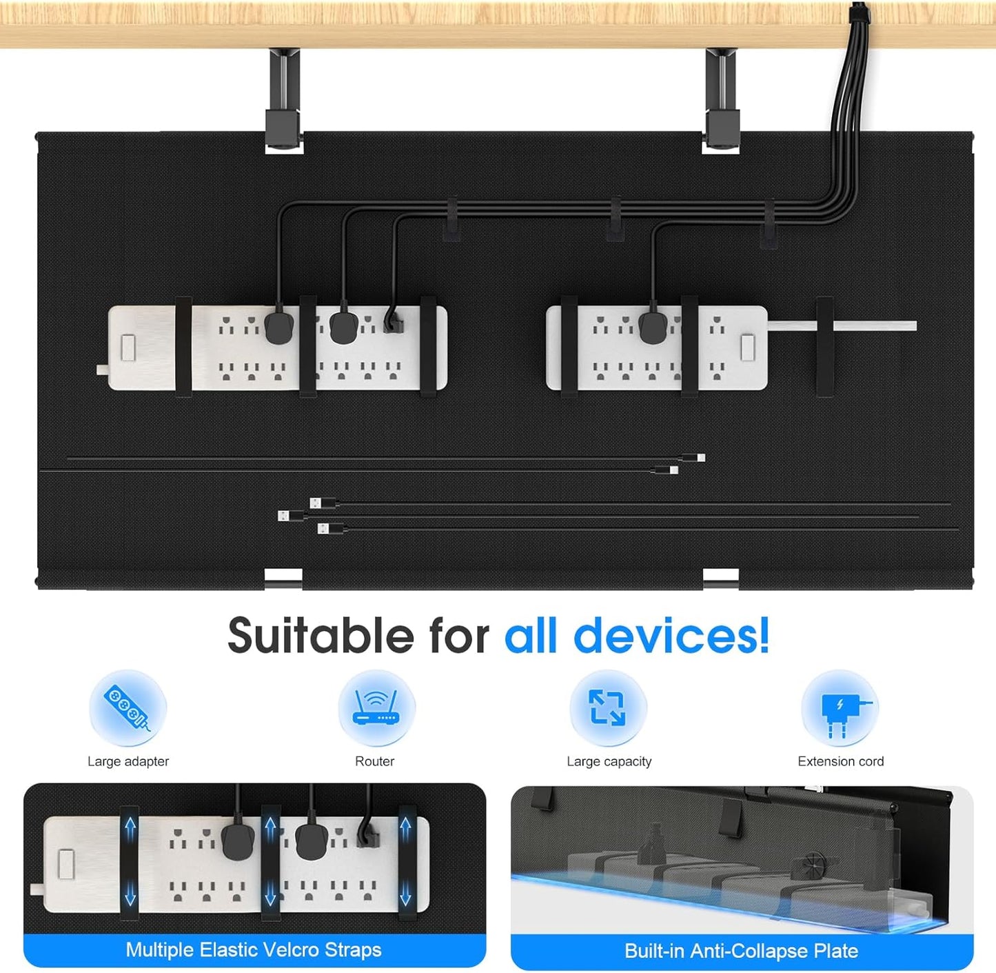 Under Desk Cable Management Tray, 40-inch No-Drill Cord Organizer with Anti-Sag Reinforced Base, Fabric Wire Management Hider for Standing Desk, Office & Gaming Accessories - Black