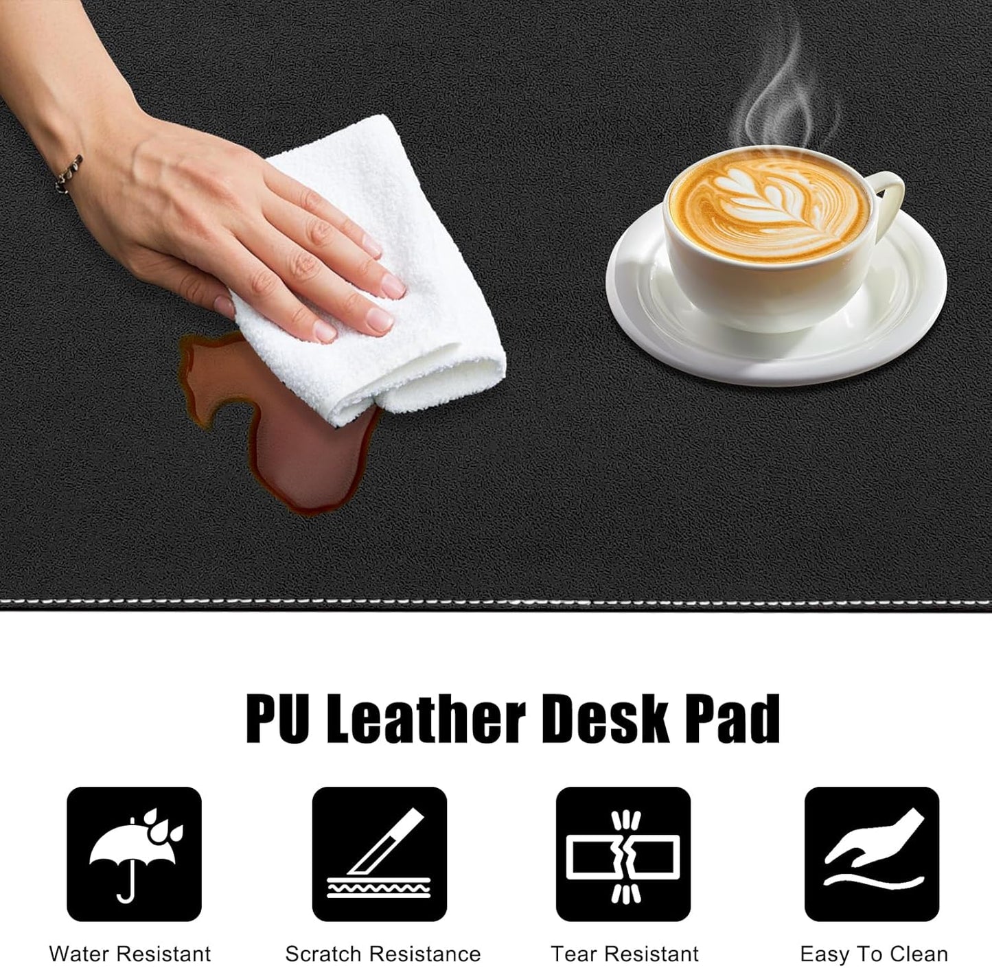 Desk Mat with Lip & Reinforced Stitched Edge|Non-Slip Waterproof PU Leather Desk Pad|Ergonomic Keyboard Mouse Pad with Edge Protector|for Office, Home, Study(28.74" x 16.73",Black)