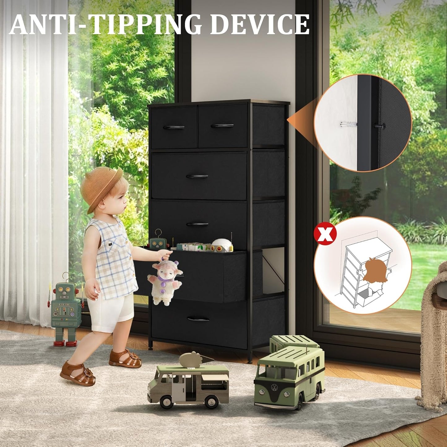 Fabric Dresser for Bedroom, Tall Skinny Dresser with 6 Drawers, Storage Organizer Tower, Steel Frame Wooden Top for Closet, Living Room, Hallway, Nursery(Black)