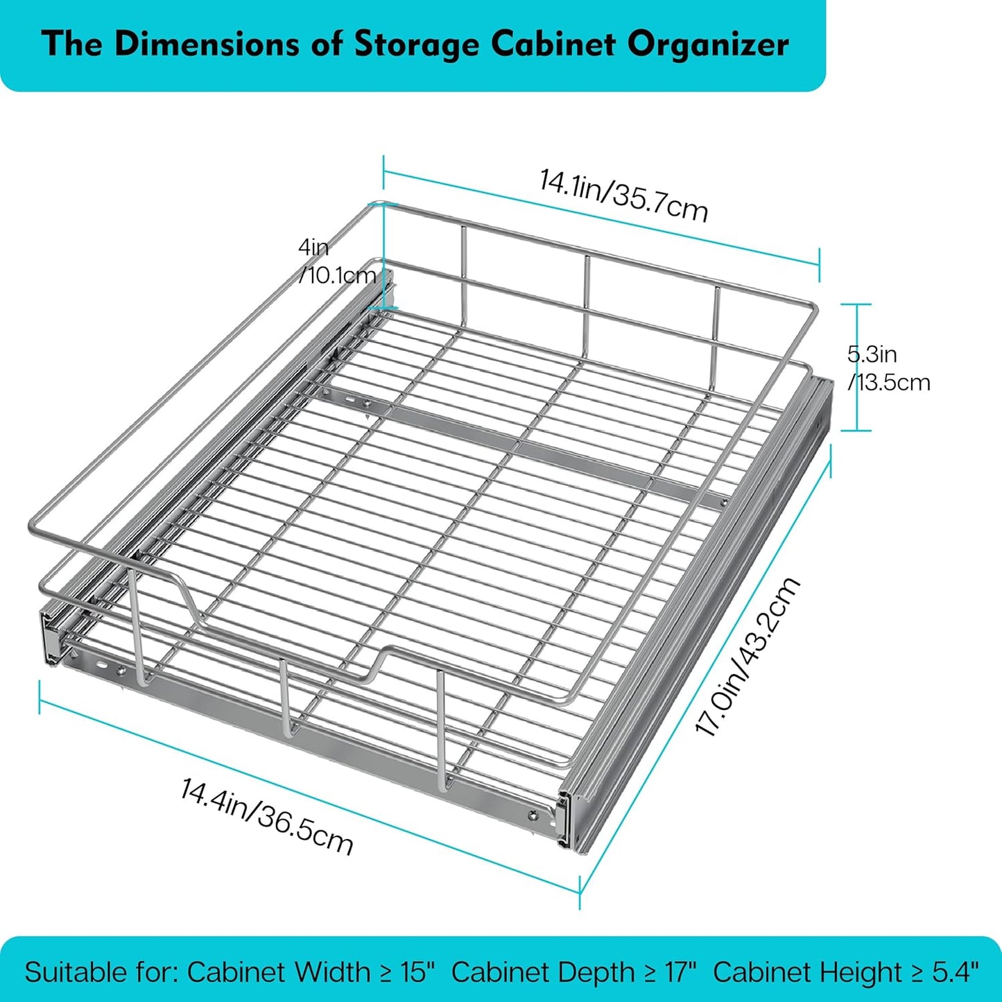 Pull Out Cabinet Organizer 14" W X 17" D, Slide Out Drawers For Kitchen Organizers and Storage, Pull Out Drawers For Cabinets Capacity Heavy Duty Caddy, Cabinet Shelves Chrome-Plated, Bathroom Pantry