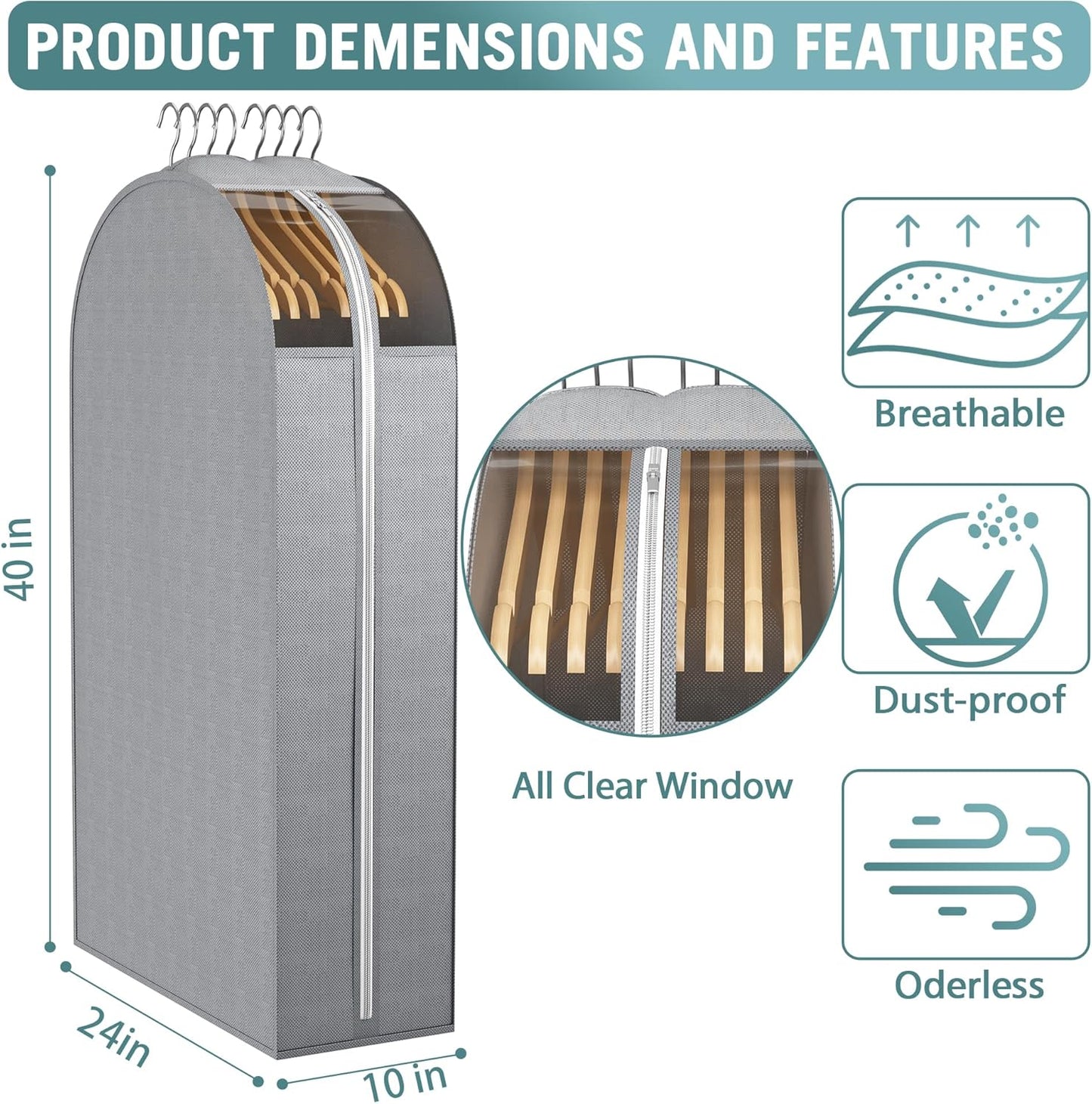 10" Gusseted Garment Bags for Hanging Clothes with Clear Window, 40" Suit Bags for Open Closet Storage, Clothing Cover for Coat, Dress, Jacket, Shirt, Fur Wardrobe Protector, 3 Packs