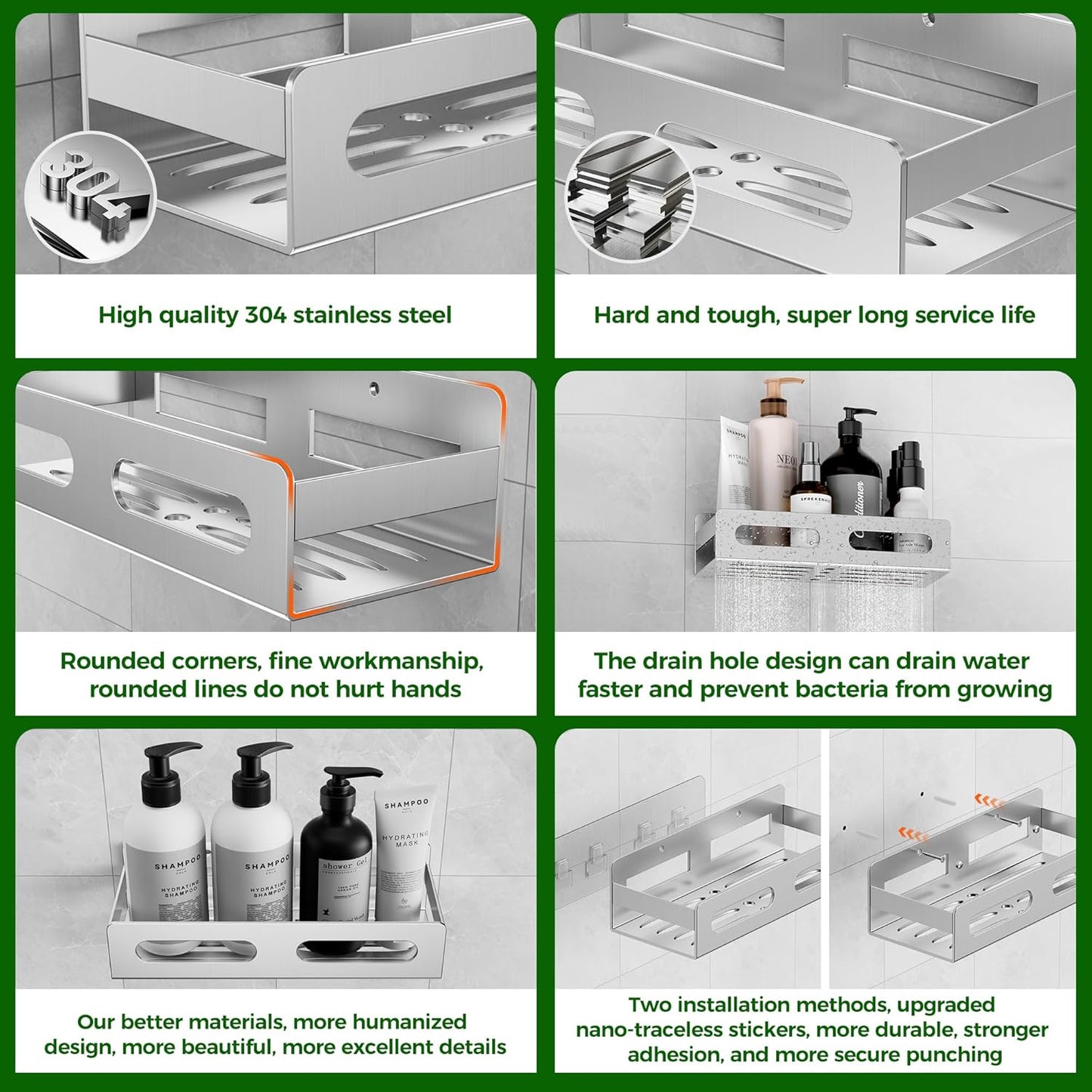 SUS 304 Stainless Steel Shower Caddy,Thickened,Strong and Large Capacity No Rust Shower Organizer,No Drilling/Sleek Bathroom Shower Shelves for Bathroom Storage,Kitchen,Living Room (Silver)