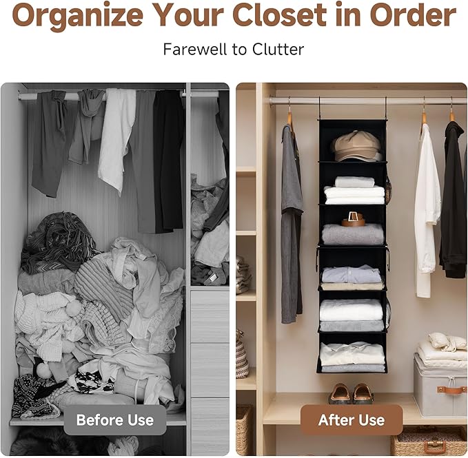 StorageWorks Hanging Closet Organizer 6-Shelf, Separable Two 3 Shelf Closet Storage Organizer with Side Pockets, Portable Hanging Shelves for Clothes, Sweater, Towels, 12" D x 12" W x 48¼"H, Black