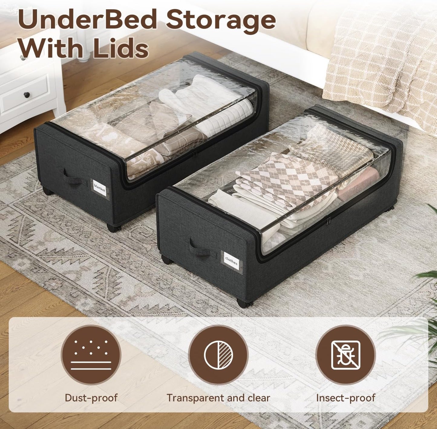 Under Bed Storage With Wheels, Tall Under The Bed Storage Containers With Lids, Underbed Shoe Storage Organizer, Metal Frame, Large Size, 90L