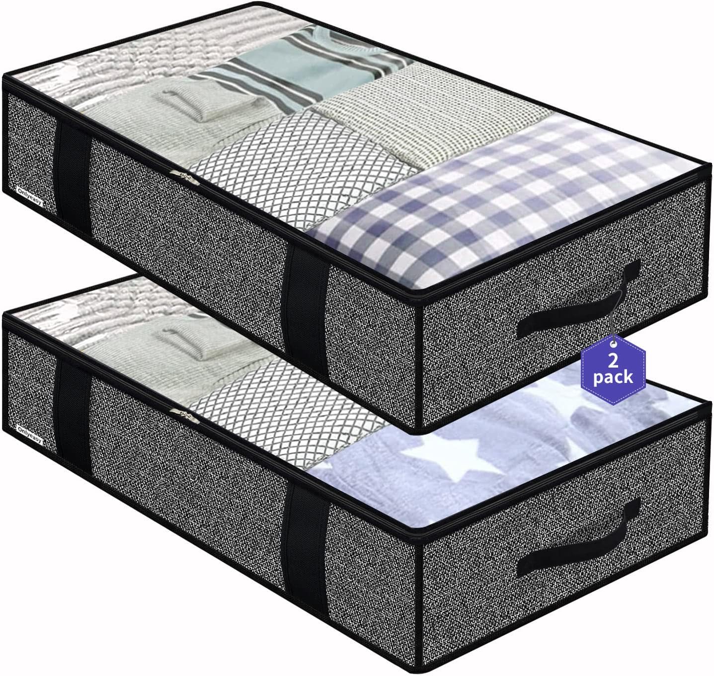 Onlyeasy Foldable Underbed Bags - 2 Pack Blankets Clothes Comforters Storage Bag Breathable Zippered Organizer for Bedroom with Clear Window and 4 Handles, 100 x50 x15cm, Linen-Like Black, MXAUBBP2