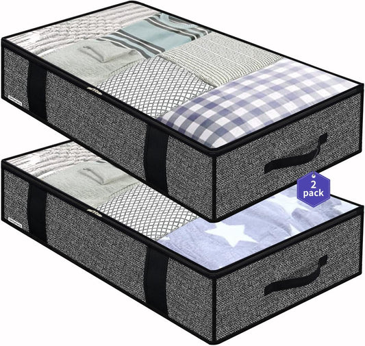 Onlyeasy Foldable Underbed Bags - 2 Pack Blankets Clothes Comforters Storage Bag Breathable Zippered Organizer for Bedroom with Clear Window and 4 Handles, 100 x50 x15cm, Linen-Like Black, MXAUBBP2