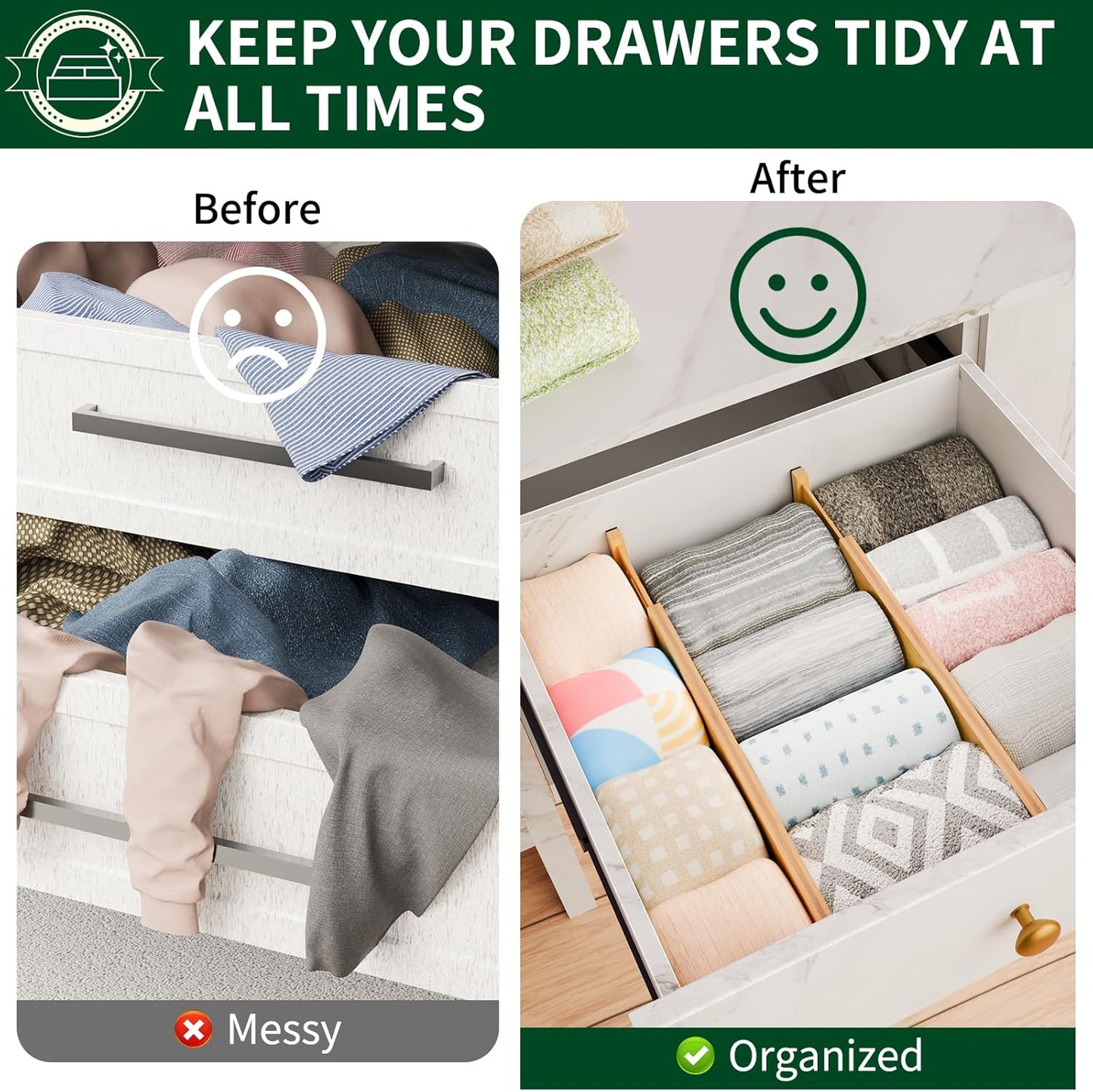 6 Pack Bamboo Drawer Dividers 2.6" High,17-22" Adjustable Spring Loaded Clothes Drawer Organizers for Kitchen, Dresser, Bathroom, Bedroom and Office