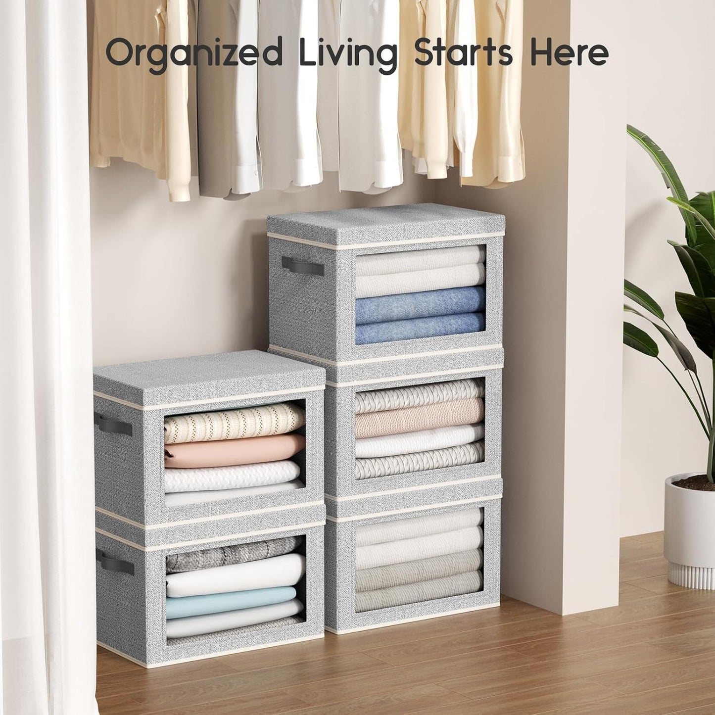 Collapsible Storage Bins with Lids - Stackable Storage Containers with Window, 3 Pack Fabric Bins for Closet, Home & Office Organization Baskets, Light Gray, 14.9" x 9.8" x 9.8"