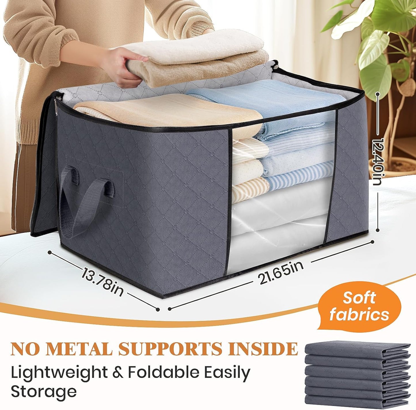 Fab totes Storage Bags,Clothes Blanket Storage Bins Foldable Closet Organizers with Reinforced Handle for Home Dorm Storage and Organization,Fabric Bags for Organizing Sheets,Clothing (Grey,8 Pack)