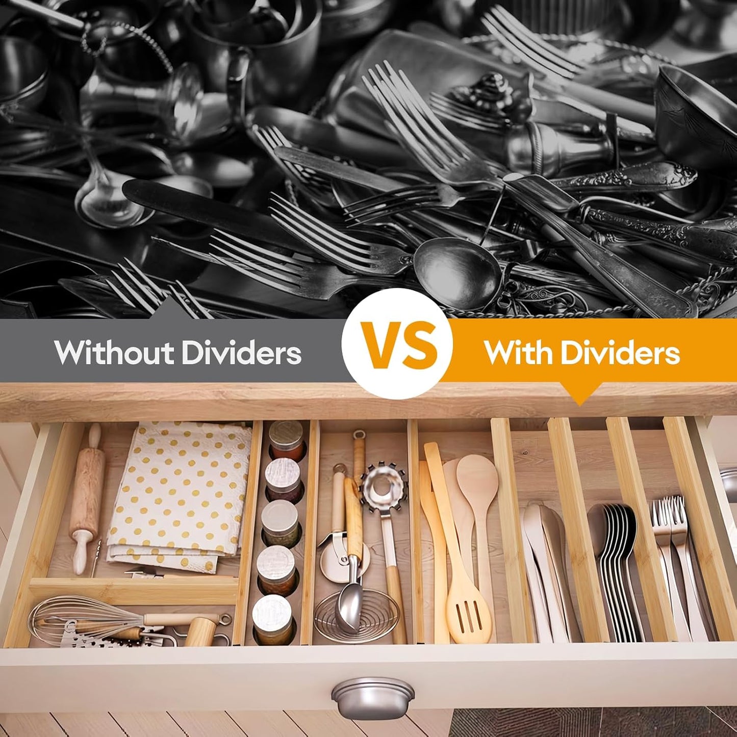 Bamboo Drawer Dividers Organizers, Kitchen Drawer Dividers for Clothes, Adjustable Drawer Separators for Dresser, Bedroom, Bathroom, Office, 4 Pack, 17“-22”