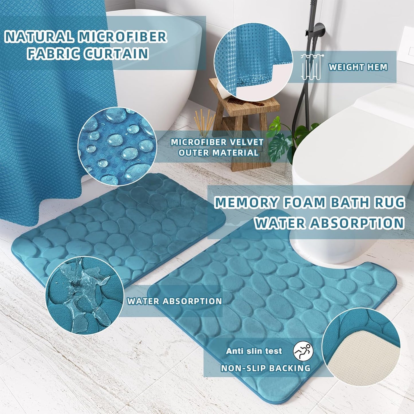 Bathroom Accessories Set - 26PC Gorgeous Teal Bathroom Set, Bathroom Accessory Set, Shower Curtain Set with Bathtub Mats for Shower Tub, Trash Can & Soap Dispenser