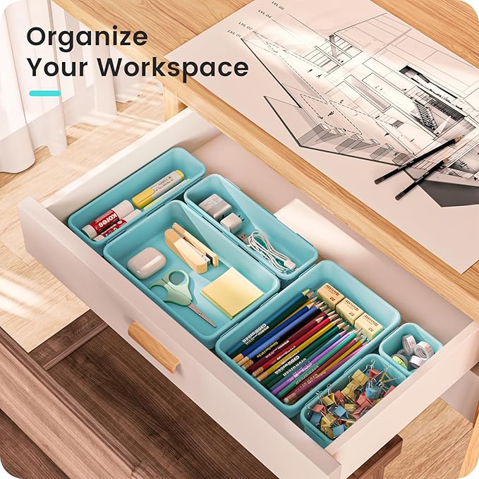 A-LuGei 【𝟮𝟴𝗣𝗖𝗦】 【𝟱𝗦𝗶𝘇𝗲】 BlueGreen Drawer Organizer, Makeup organizer, 【Holds 177 Items】 Bathroom Organizers and Storage, Plastic Desk Organizer Divider, Organizer Bins for Office Vanity