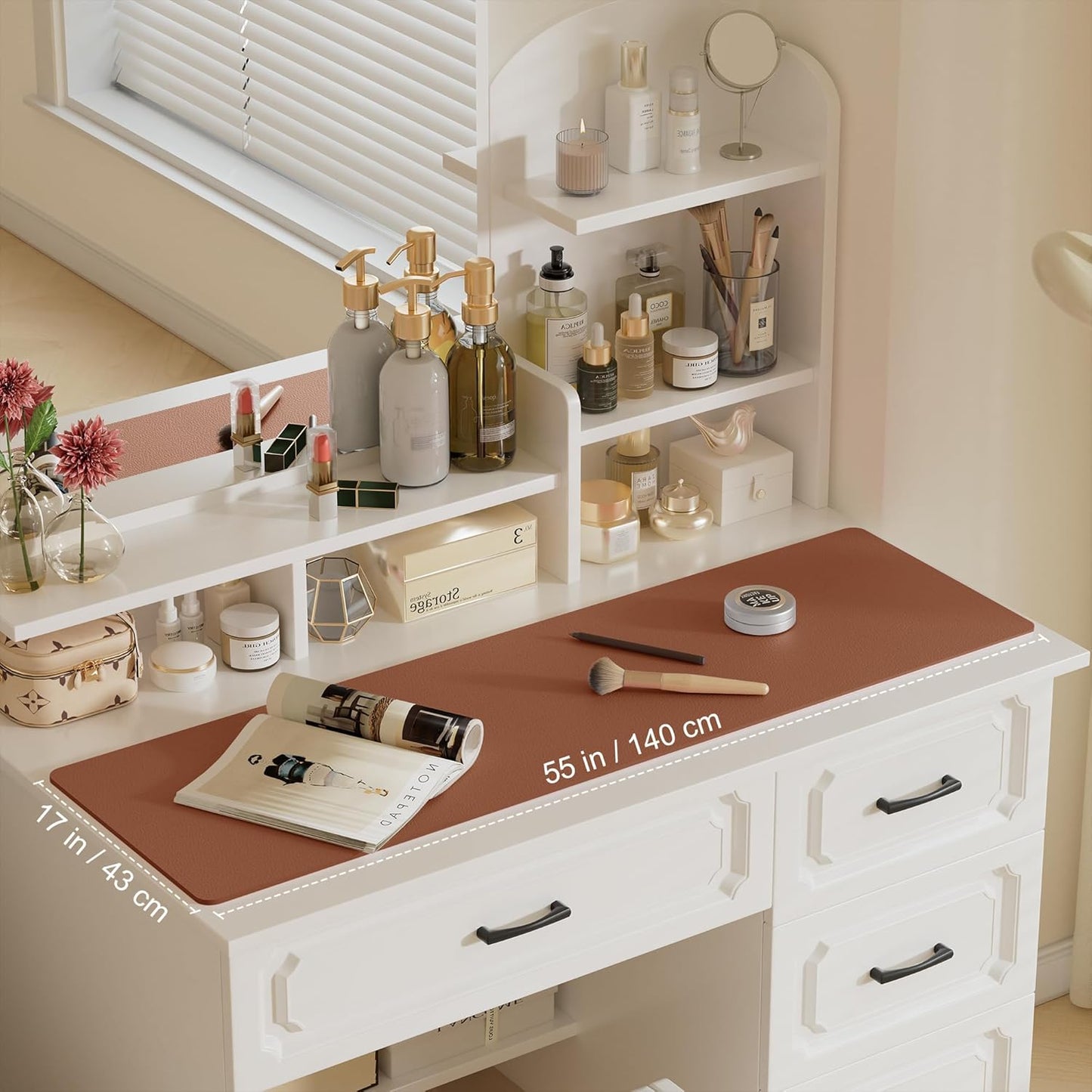 Aothia Leather Desk Pad Protector, Office Desk Mat, Large Mouse Pad, Laptop Desk Pad, Non-Slip PU Leather Desk Blotter, Waterproof Desk Writing Pad for Office and Home (Brown, 55" x 17")