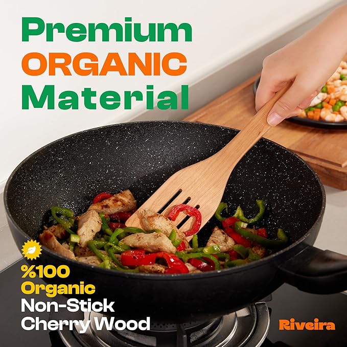 Riveira Cherry Wooden Spoons for Cooking Set of 6 – Natural Cherry Wooden Cooking Utensils, Wooden Spatula, Wooden Spoon - Premium Quality Wooden Utensil Set for Non-Toxic Cooking