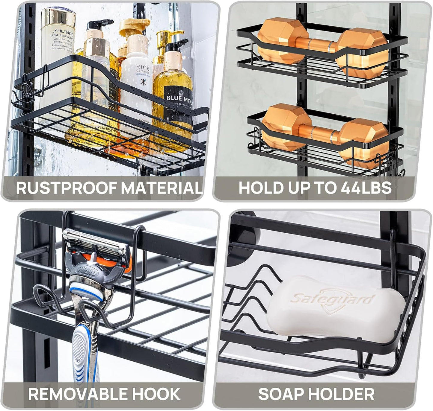 LEVERLOC Over The Door Shower Caddy, Shelf Distance Adjustable Hanging Rack Sturdy Rust Proof Bathroom Shelves with Strong Suction Cup, Shower Organizer Basket Storage Rack, Metal Black