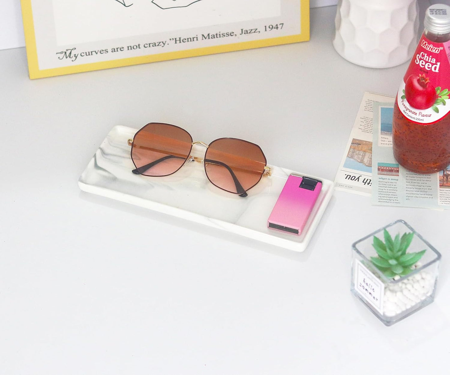 9.2" Porcelain Small Bathroom Tray, Ceramic Countertop and Vanity Tray for Cosmetics, Perfume, Jewelry, Candle - Kitchen Soap Tray for Kitchen Counter (Gray)