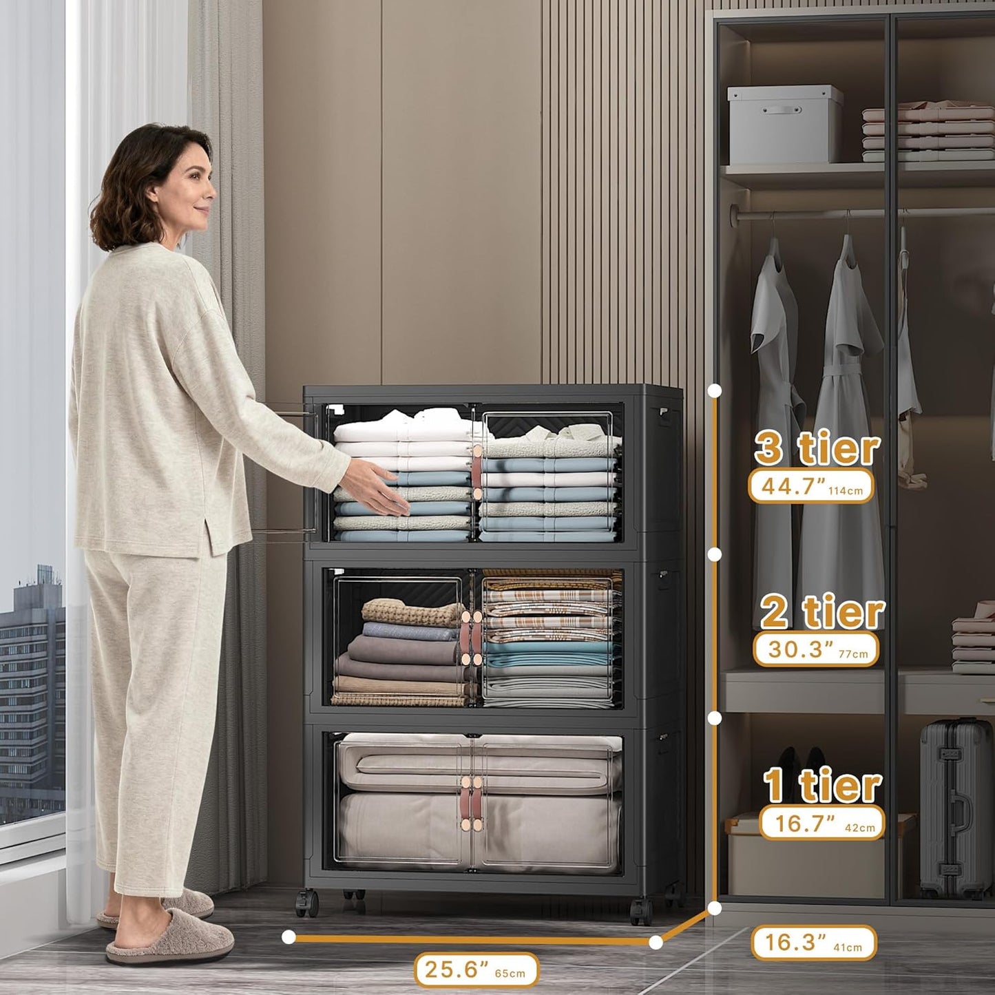 Extra Large Stackable Storage Bins with Lids & Wheels & Door, 672QT-112QT/28GAL*6Pack Foldable Collapsible Closet Organizers, Plastic containers drawers for bedroom Dorm