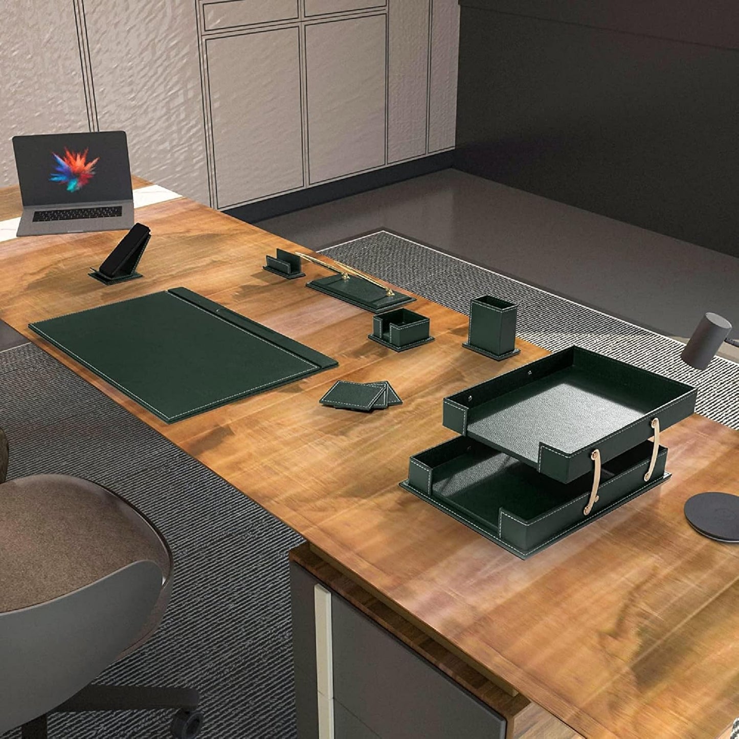 MOOGCO Bonded Set Luxury Leather Desk Pad & Desk Organization Essentials Desk Organizer Leather Desk Organizer (Green)