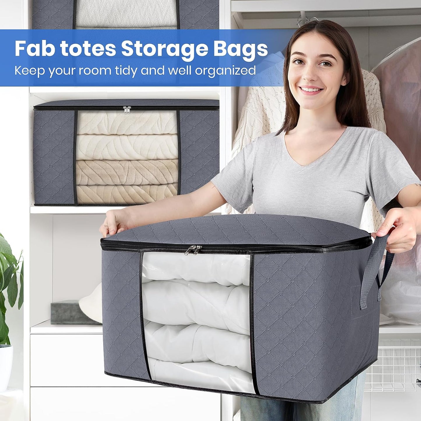 Fab totes Storage Bags,Clothes Blanket Storage Bins Foldable Closet Organizers with Reinforced Handle for Home Dorm Storage and Organization,Fabric Bags for Organizing Sheets,Clothing (Grey,3 Pack)