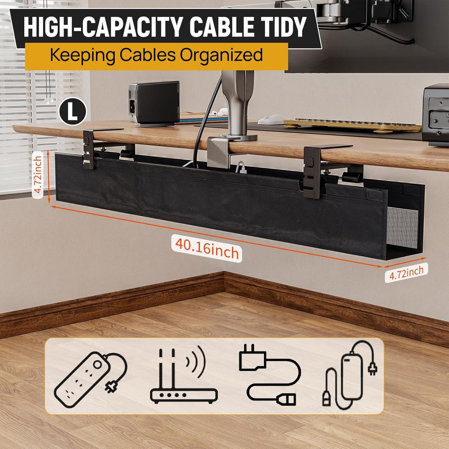 Under Desk Cable Management Tray, No Drill Standing Desk Wire Cable Management Tray, 40 Inch Cord Organizer for Office/Home/Game Rooms