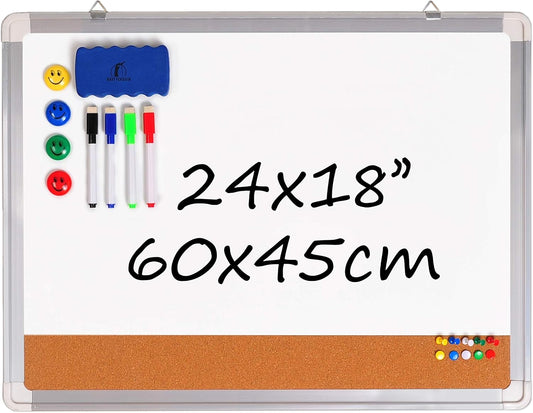 White Board Cork Board Combo - 24x18 in Dry Erase Board with Cork and 1 Magnetic Eraser, 4 Dry Wipe Markers, 4 Magnets and 10 Pins - Wall Hanging Whiteboard with Corkboard for Home and Office