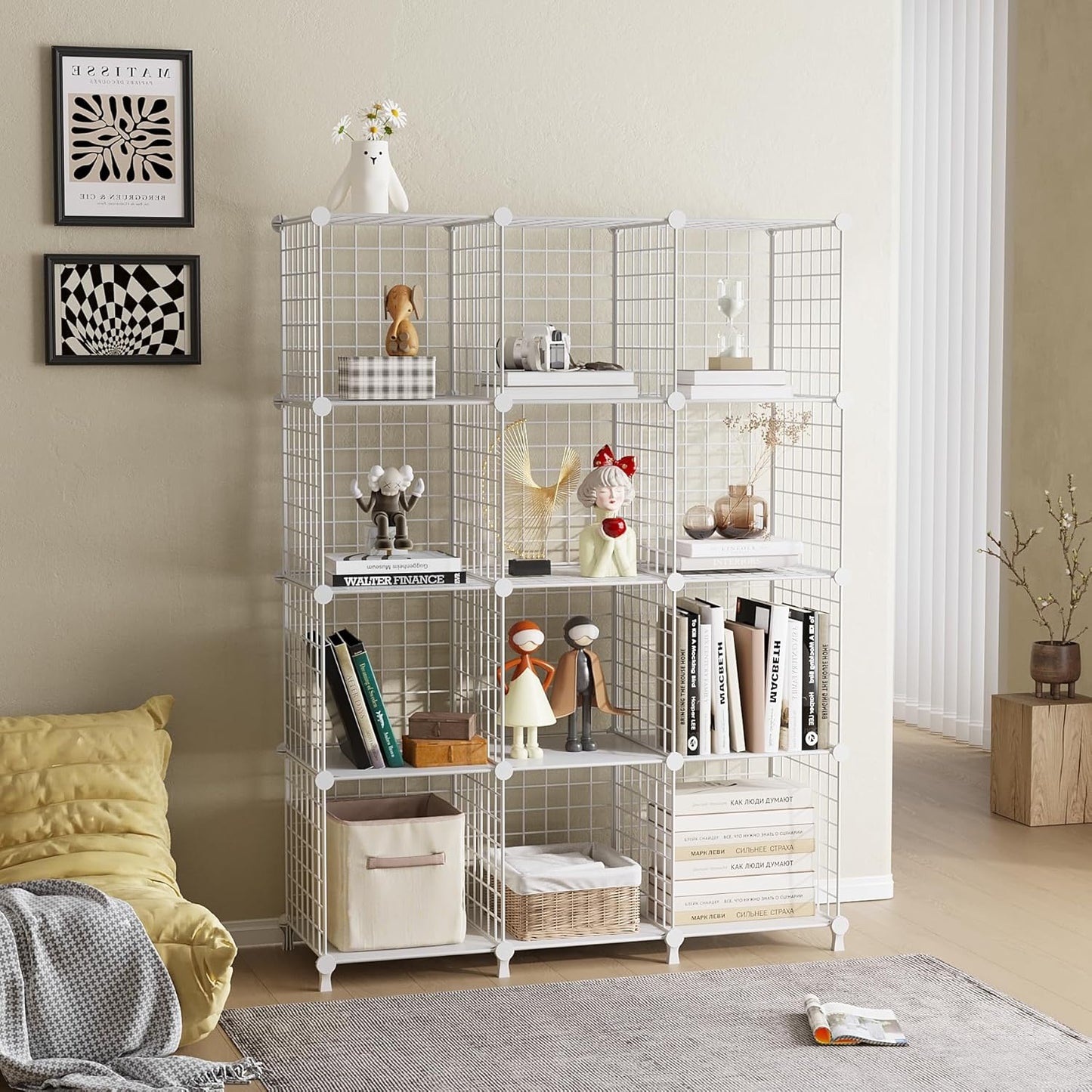 12-Cube Storage Organizer, Metal Wire Cube Shelving Unit, 11.8" L x 11.8" W x 11.8" H, Modular Grid Bookshelf for Closet, Bedroom, Office, White ATTJL12W