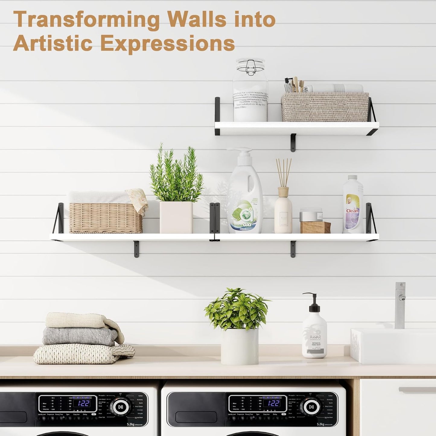 Fun Memories Floating Bookshelves, Set of 3 Wall-Mounted Wood Shelves 24" W x 8" D, Decorative Wall Shelf for Living Room, Bedroom, Bathroom, and Laundry Room (White)