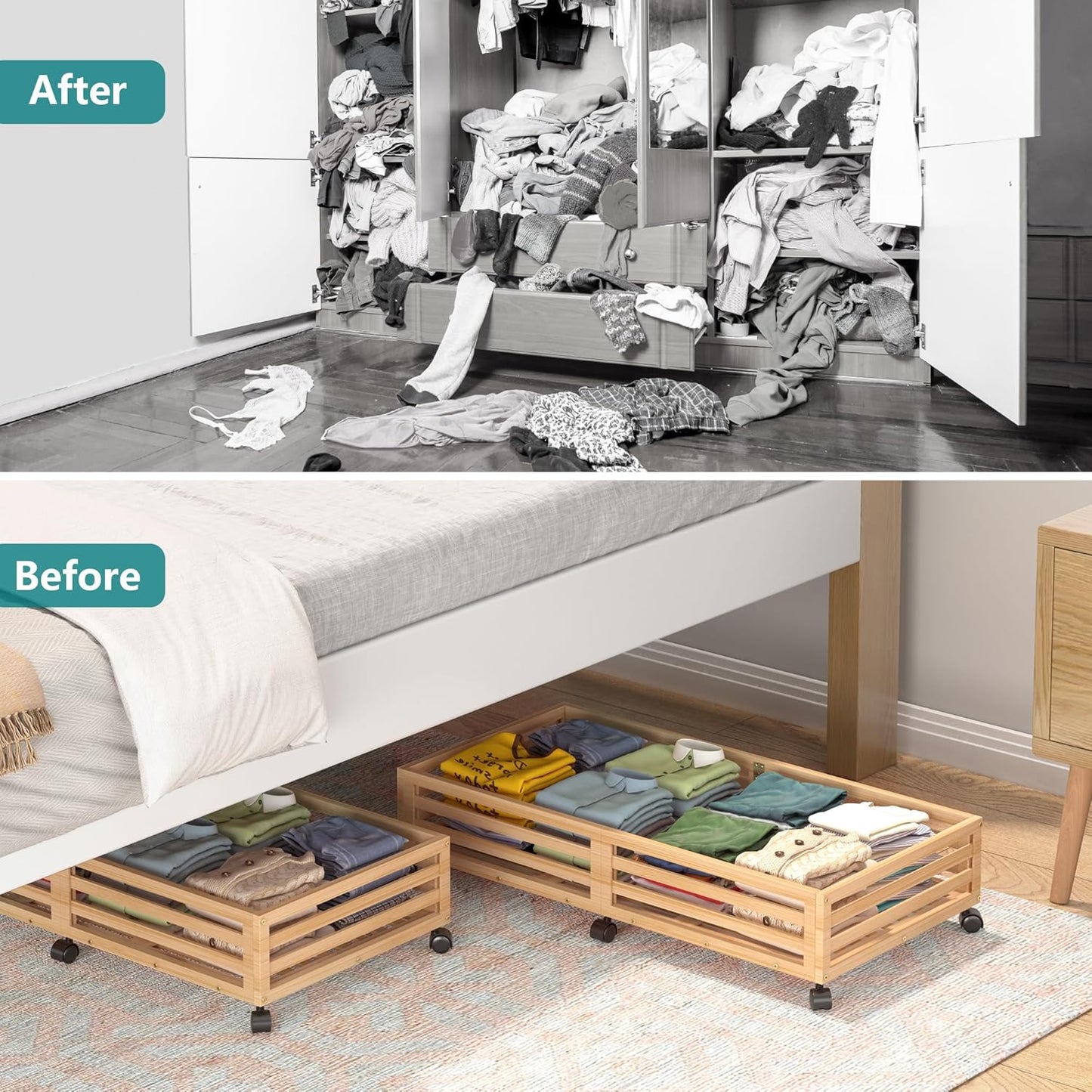 Bamboo Under Bed Storage Containers- Underbed Organizer with Wheels with Large Capacity Dust Bag,Sturdy Wood Rolling Under Bed Shoe Storage Organizer 2 Packs (Nature, 2 Packs (33.07"×16.54"))