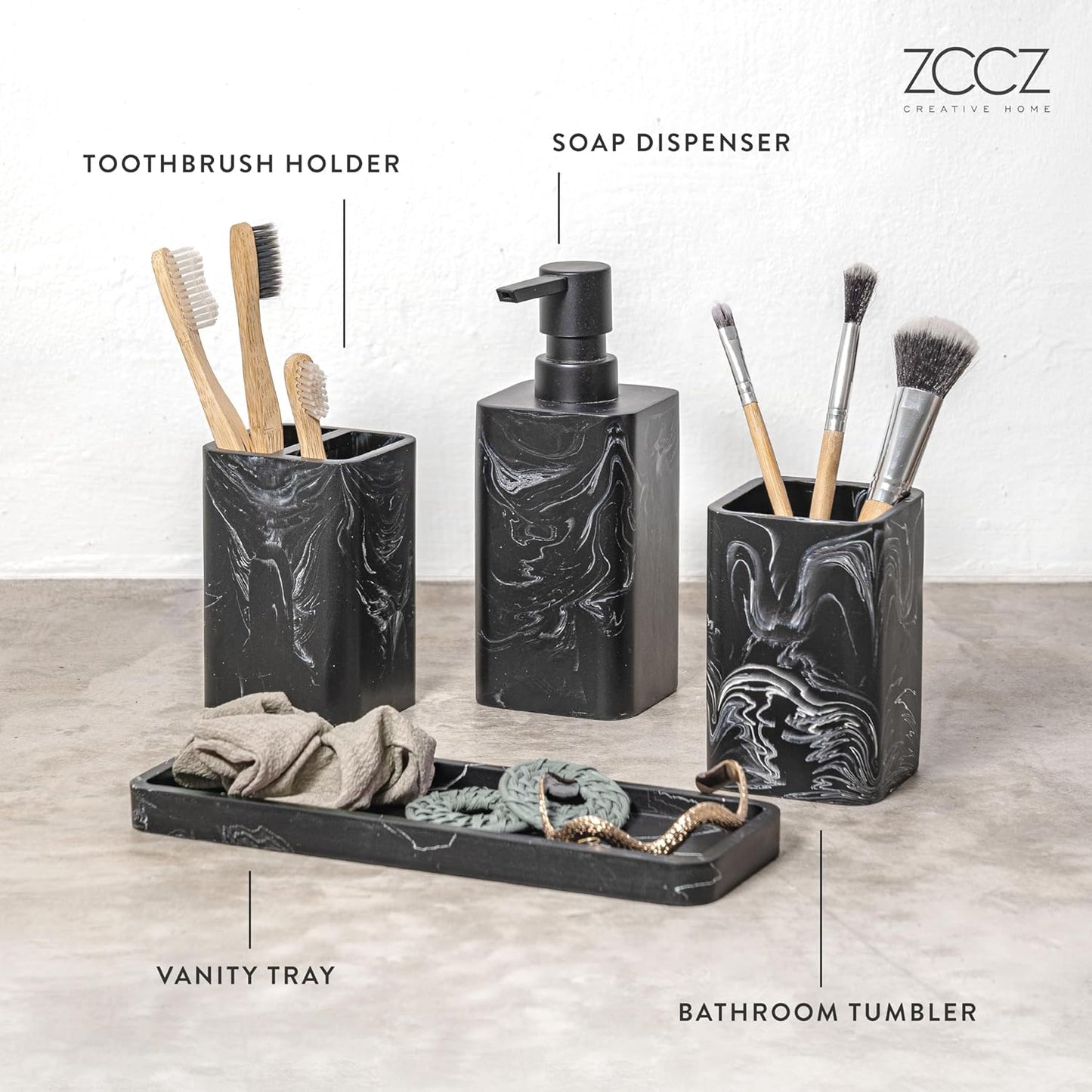 ZCCZ Black Bathroom Accessory Sets, 4 Pieces Bathroom Accessories Complete Set Vanity Countertop Accessory Set Marble Look, Includes Lotion Dispenser Soap Pump, Tumbler, Toothbrush Holder and Tray