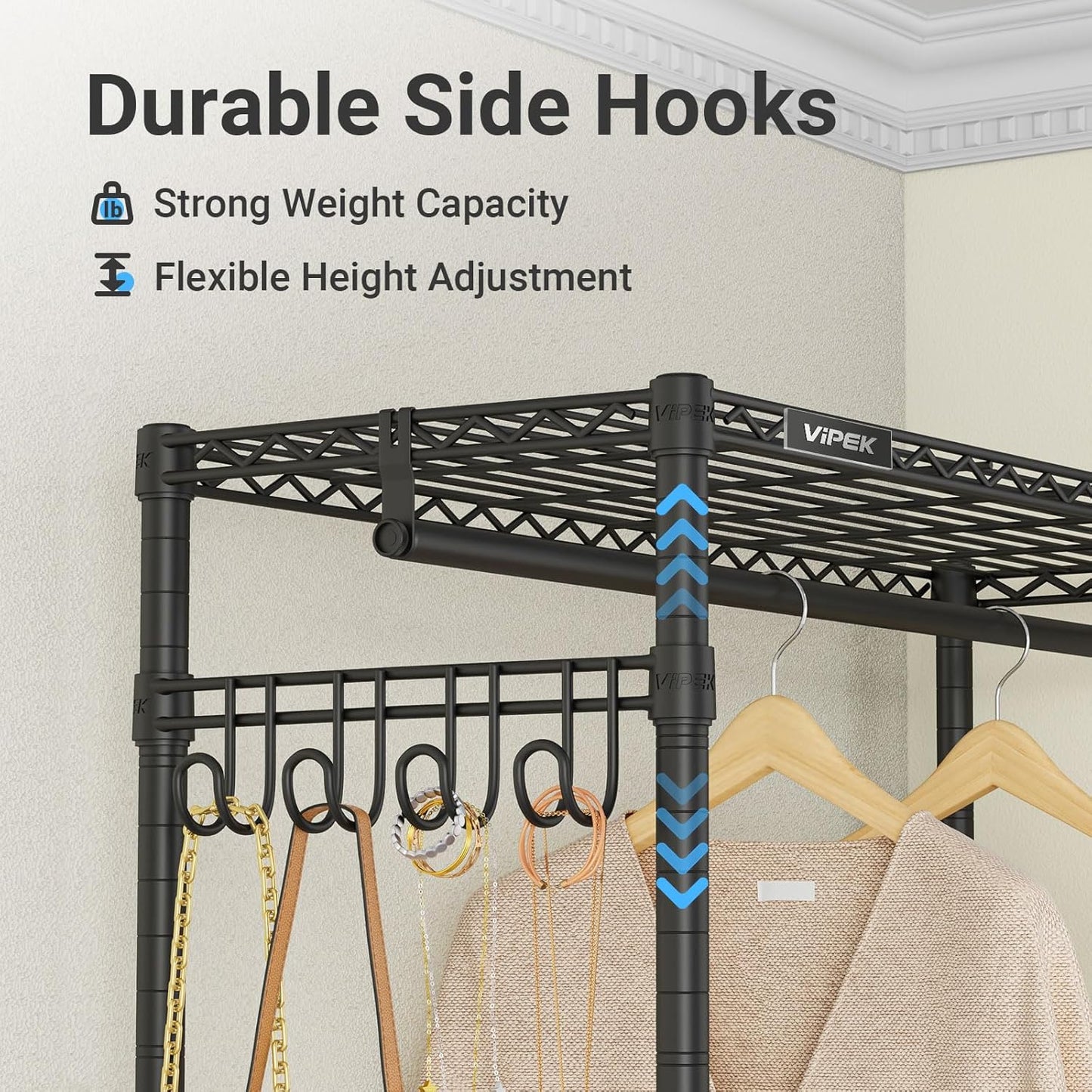 VIPEK V4C Garment Rack with Cover, Heavy Duty Portable Closet Adjustable Metal Clothing Rack for Hanging Clothes with Hanging Rods & Side Hooks, Max Load 810lbs, Black Rack with Black Cover