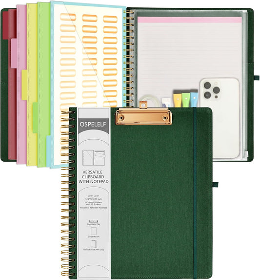 Ospelelf Foldable Spiral Clipboard Folio with Storage Zipper Pouch, 5 Plastic Folders with 10 Pockets,Refillable Lined Notepad (11" x 8.5"), Hardcover Project Organizer with 39 Stickers (Dark Green)